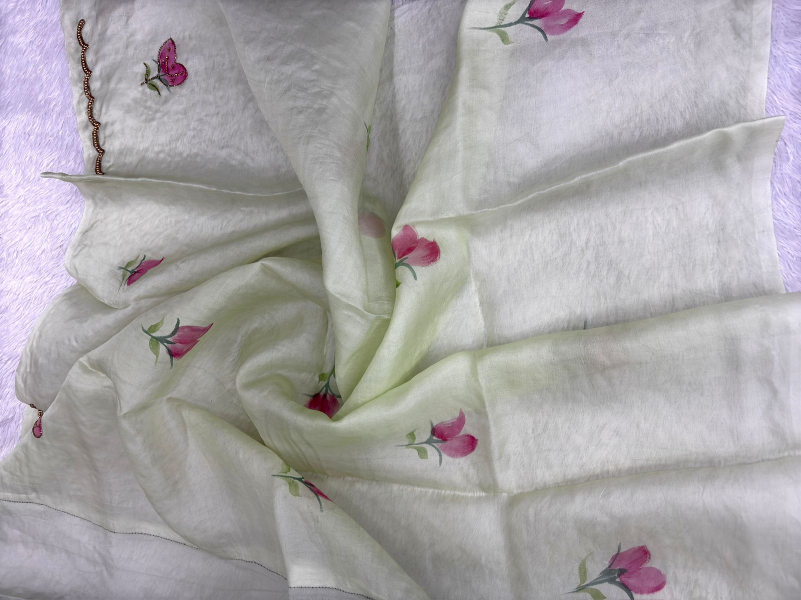 Pista Green Pure Katan Silk Saree with Hand-Painted Floral Motifs and Scalloped Zardosi Border