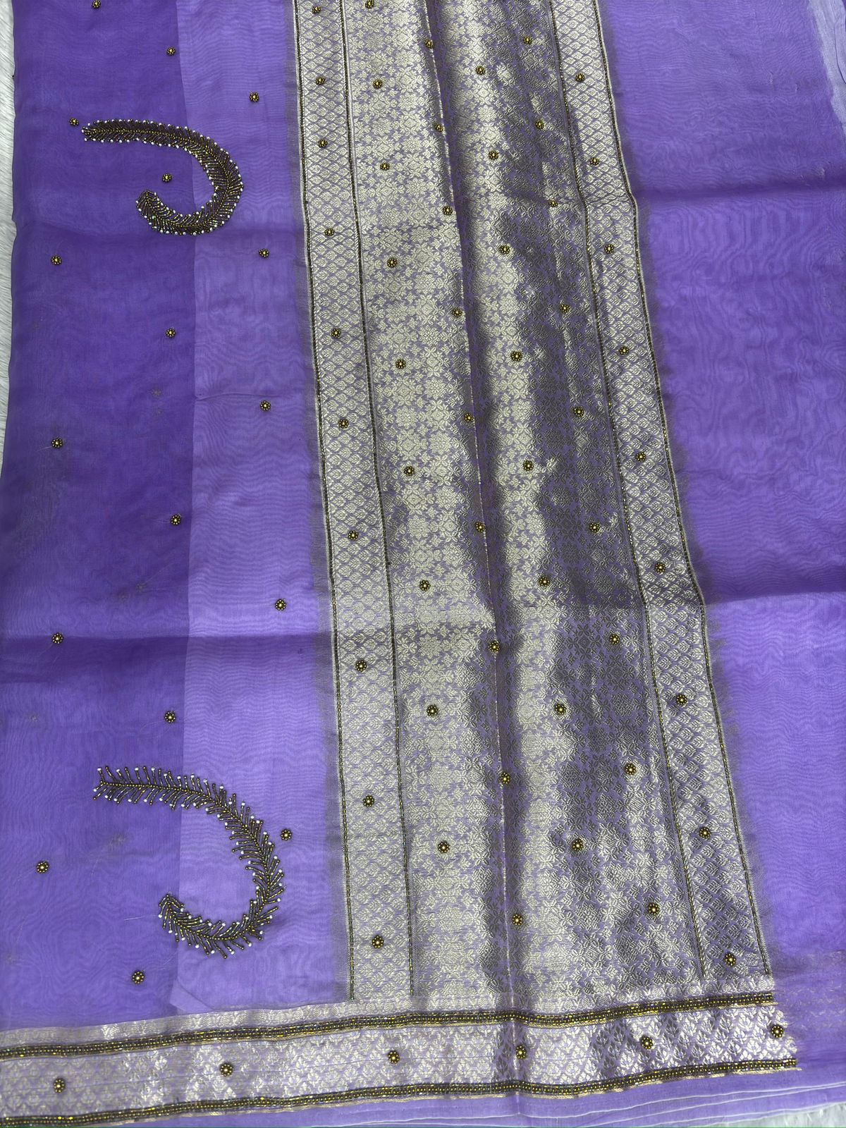 Royal Lavender Banarasi Saree with Zari Border and Hand-Studded Booti