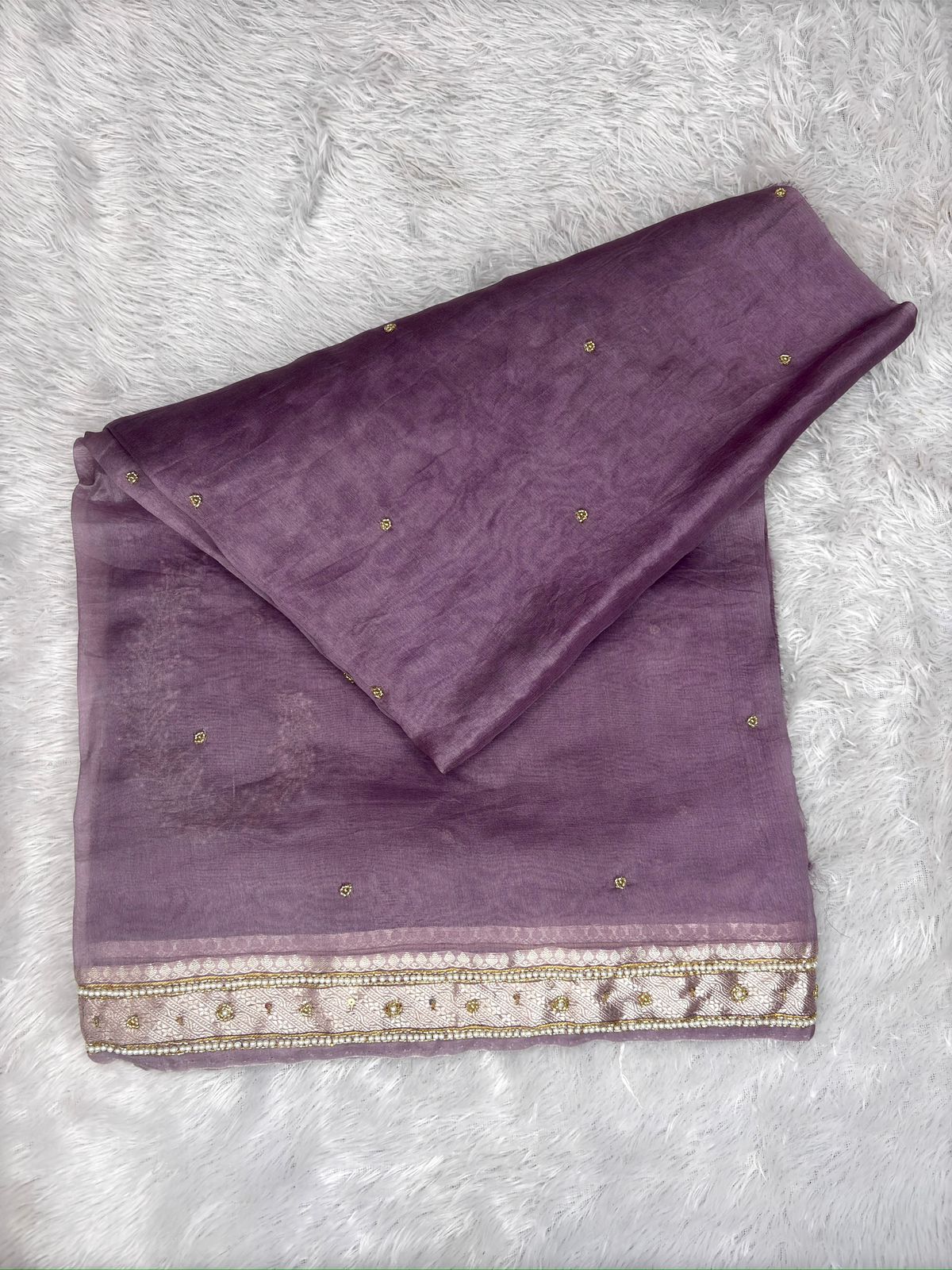 Mauve Dust Banarasi Saree with Antique Zari and Hand-Embellished Pearl