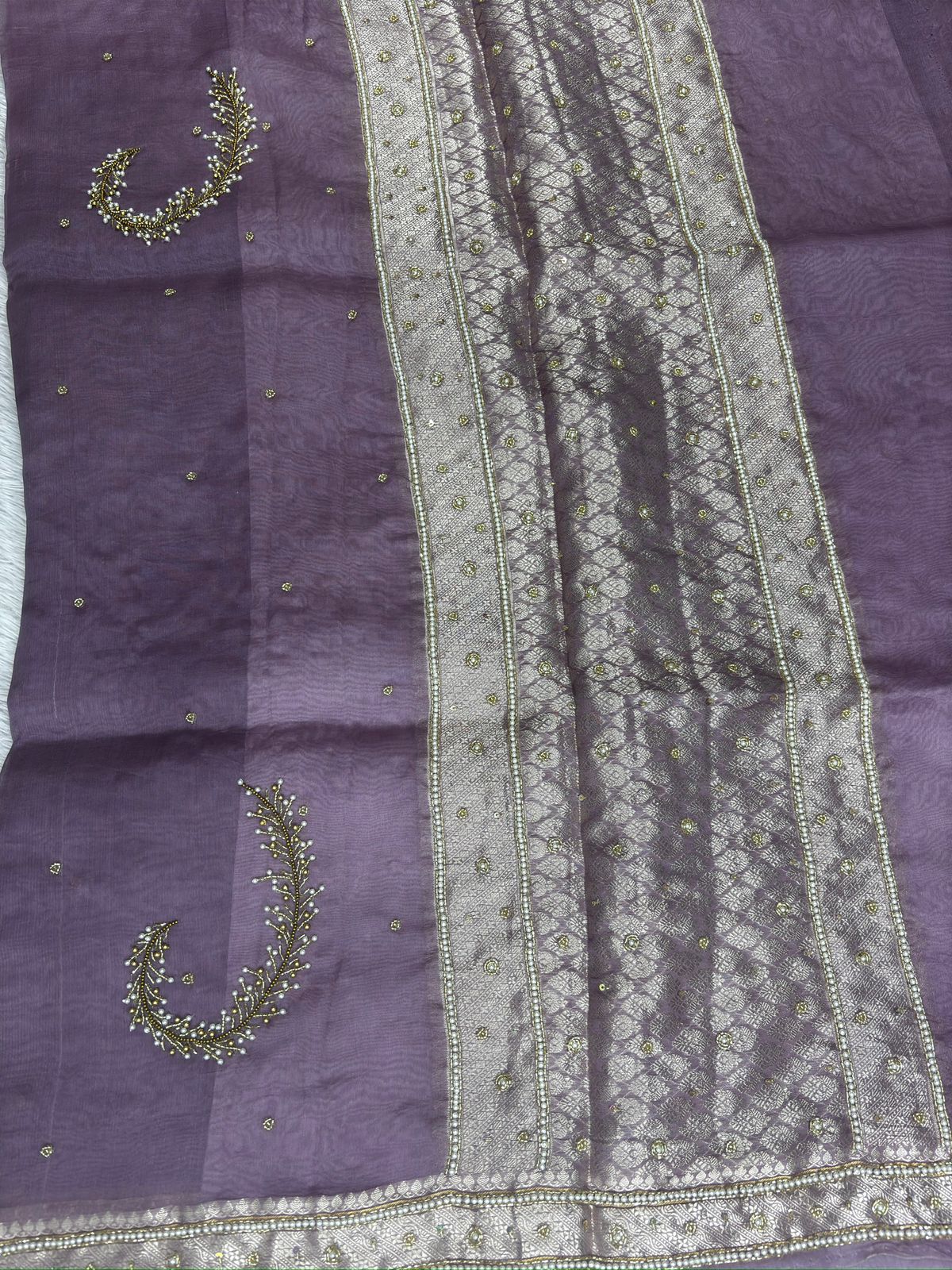 Mauve Dust Banarasi Saree with Antique Zari and Hand-Embellished Pearl