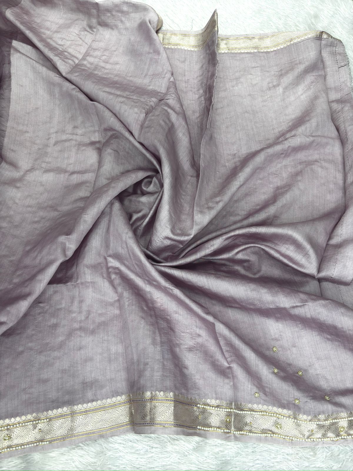 Mauve Dust Banarasi Saree with Antique Zari and Hand-Embellished Pearl