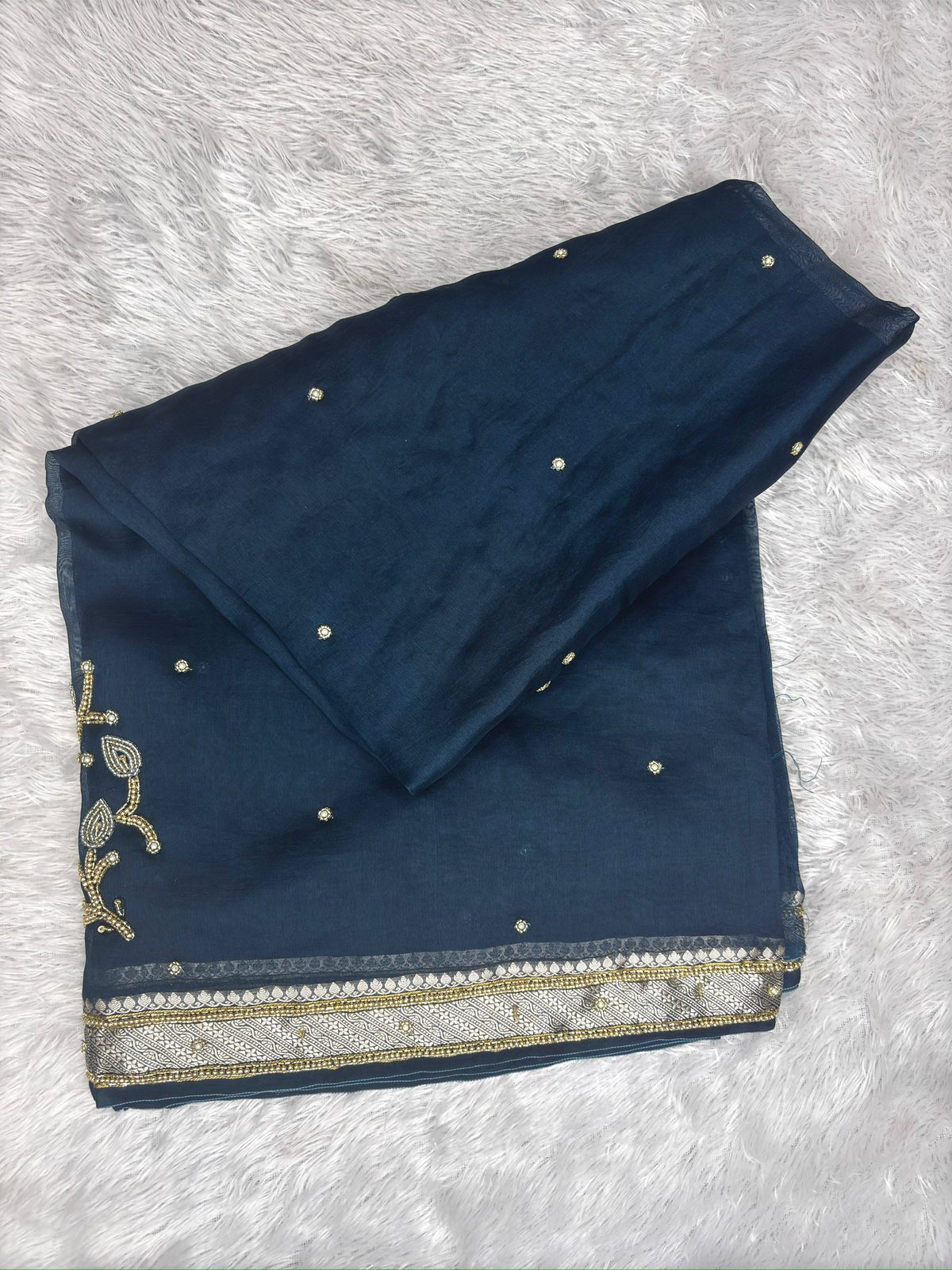 Midnight Peacock Blue Saree with Golden Zardosi Vine Handwork and Silver Zari Border