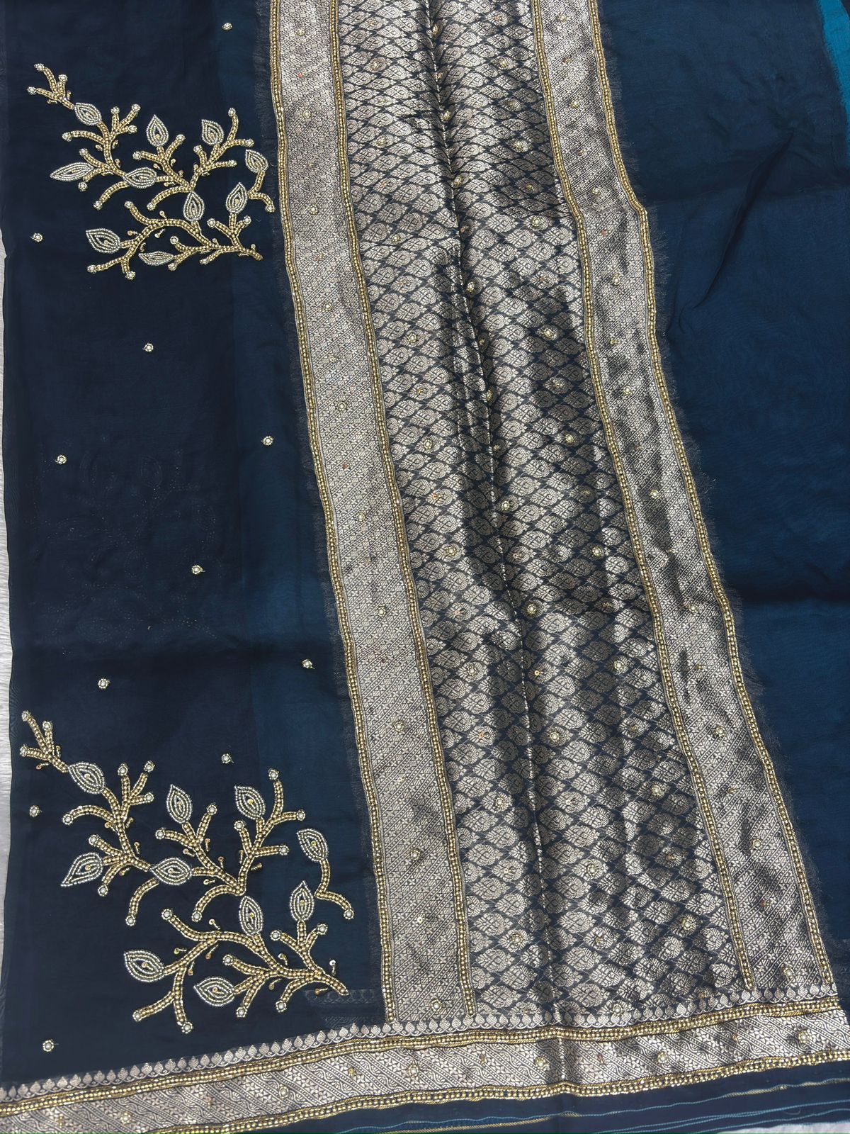 Midnight Peacock Blue Saree with Golden Zardosi Vine Handwork and Silver Zari Border