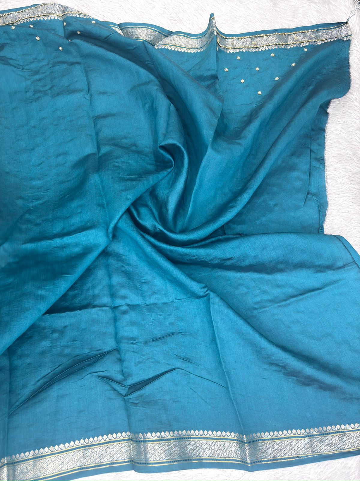 Midnight Peacock Blue Saree with Golden Zardosi Vine Handwork and Silver Zari Border