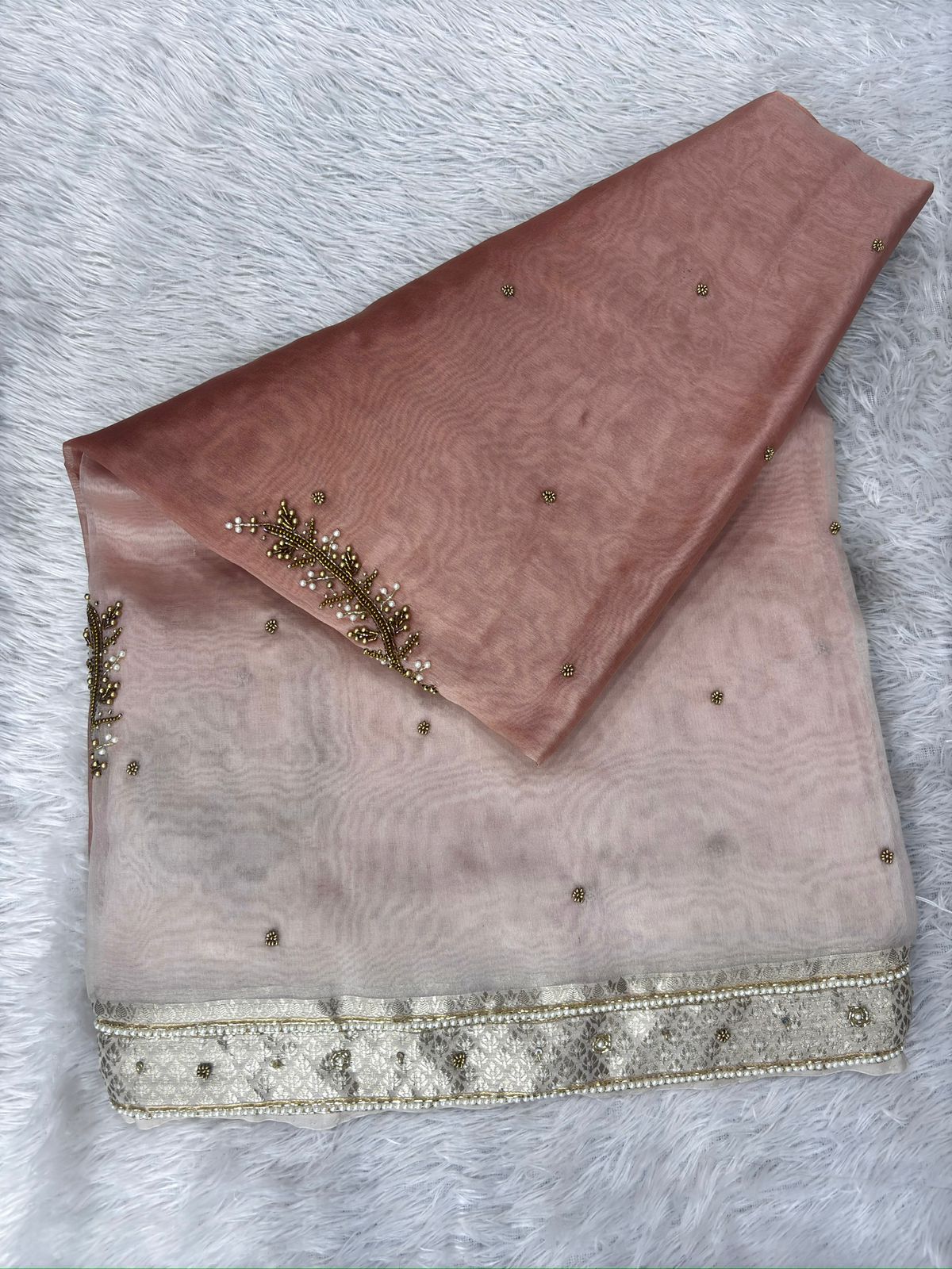 Peach Nectar Banarasi Saree with Champagne Silver Zari and Pearl-Encrusted Zardosi Work