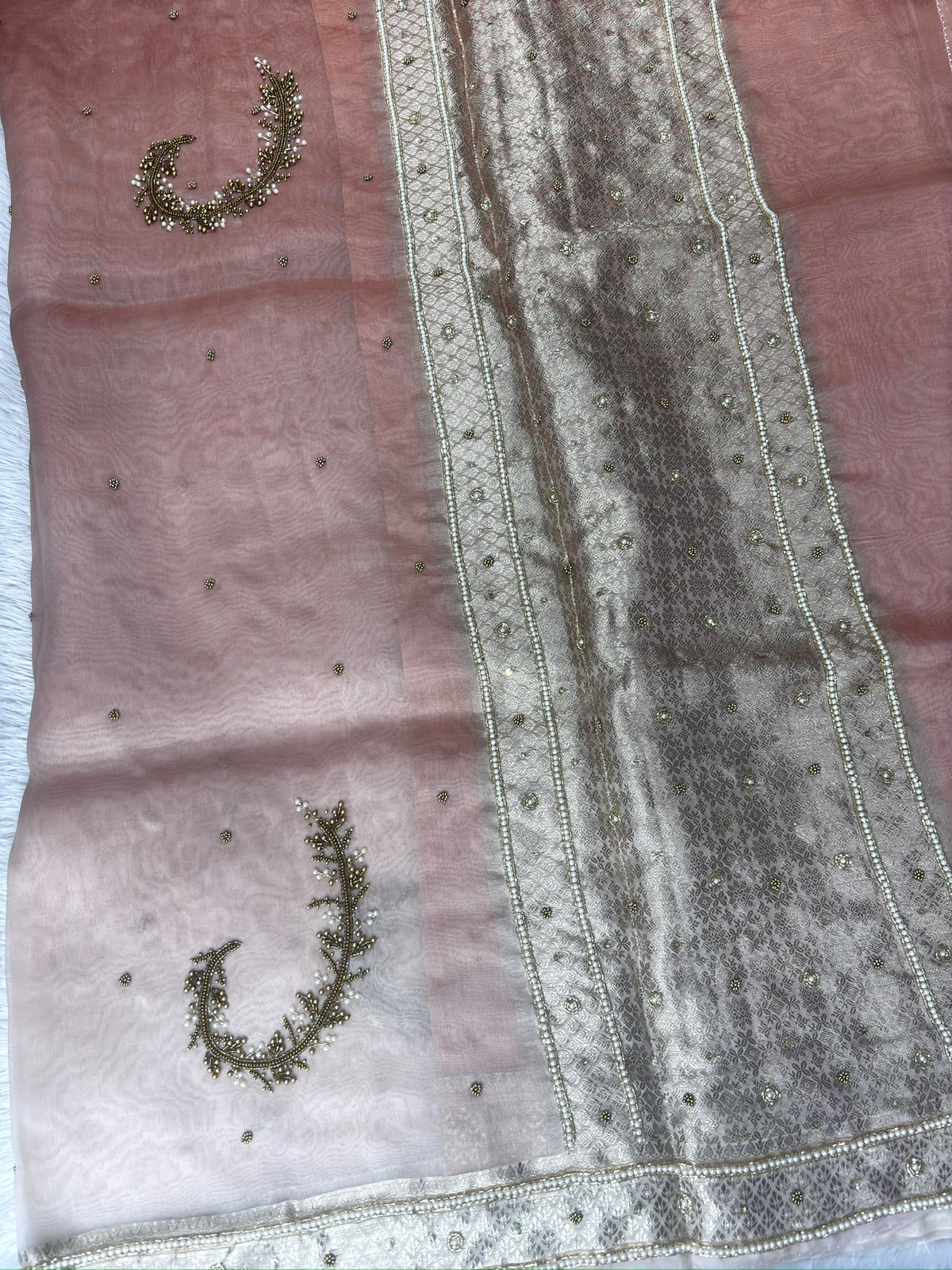 Peach Nectar Banarasi Saree with Champagne Silver Zari and Pearl-Encrusted Zardosi Work
