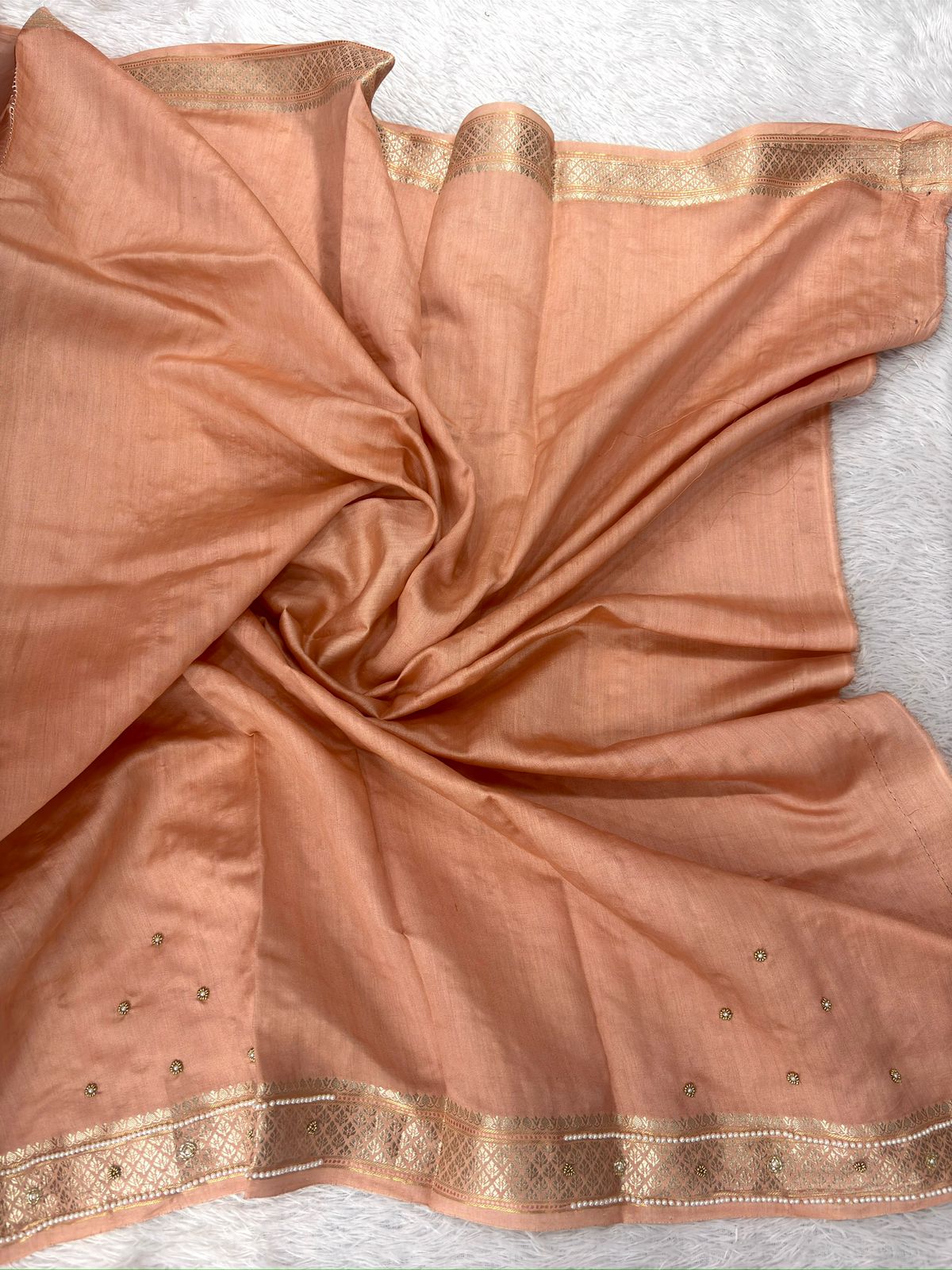 Peach Nectar Banarasi Saree with Champagne Silver Zari and Pearl-Encrusted Zardosi Work