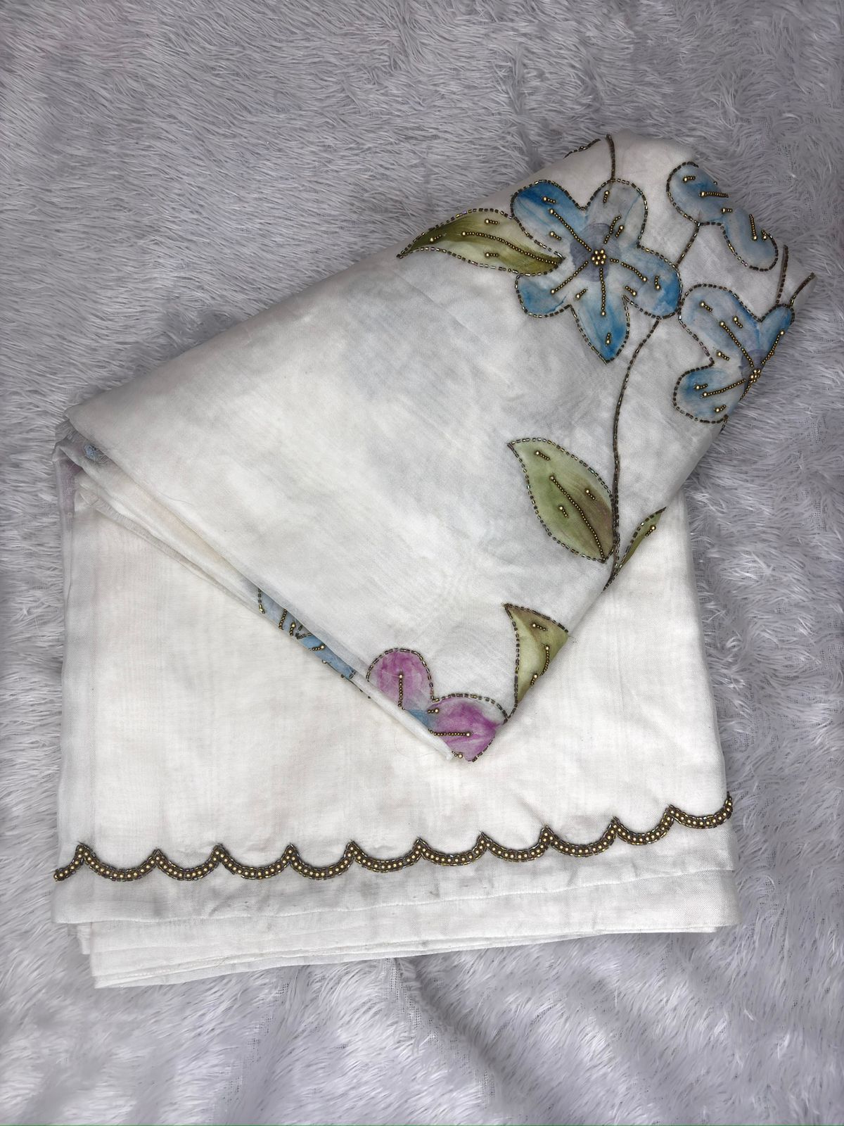 Pearl White Saree with Hand-Painted Multi-Color Floral Bouquets and Scalloped Zardosi Border