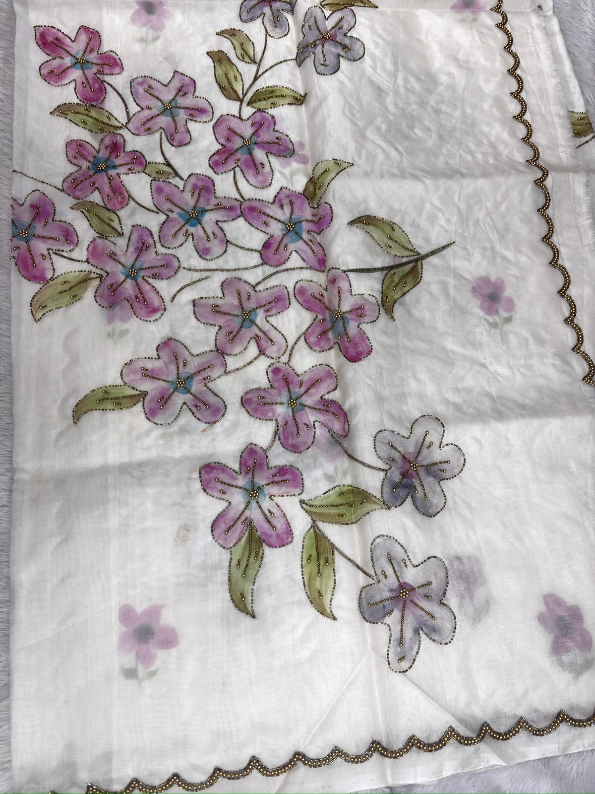 Pearl White Saree with Hand-Painted Multi-Color Floral Bouquets and Scalloped Zardosi Border