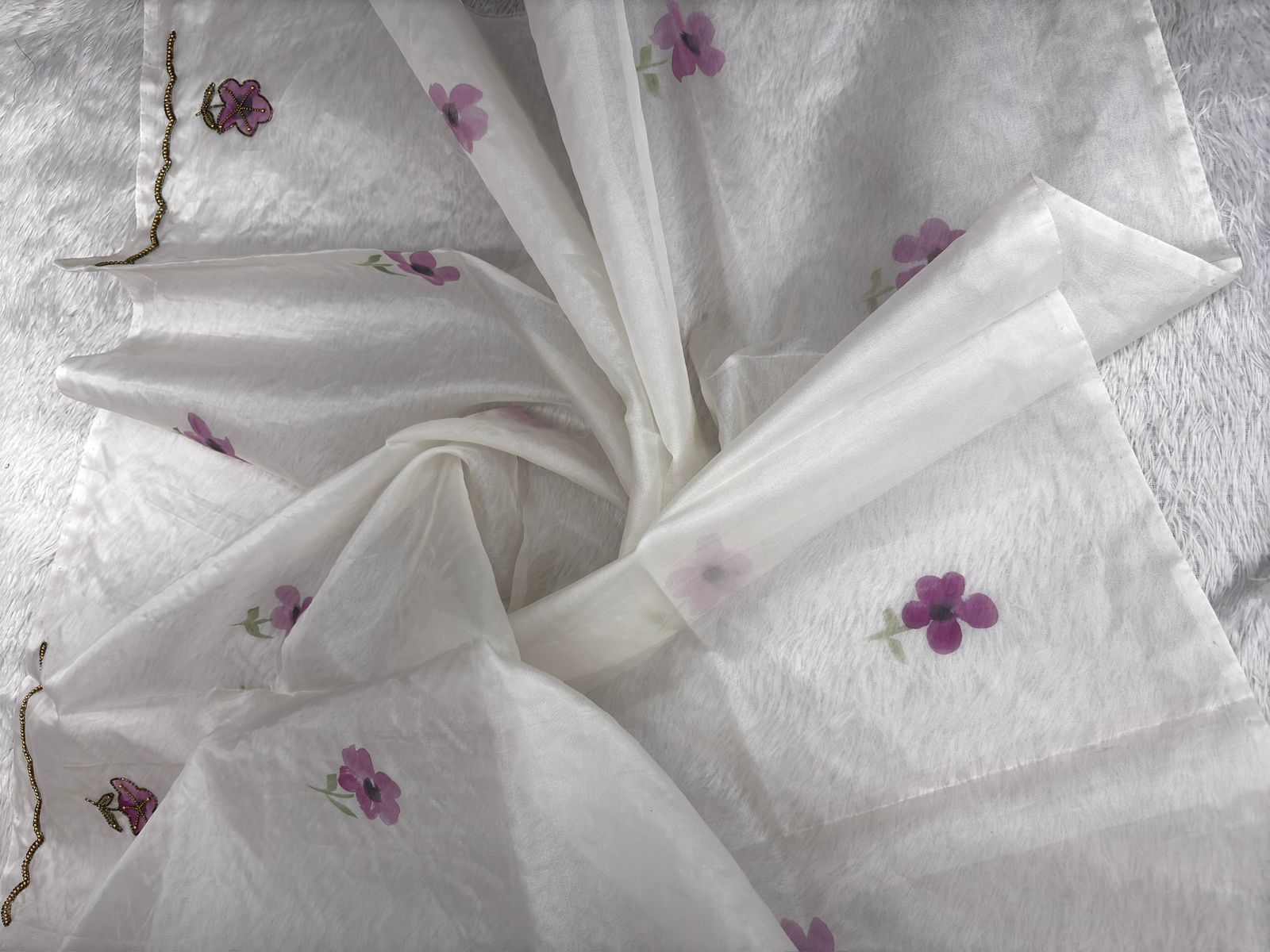 Pearl White Saree with Hand-Painted Multi-Color Floral Bouquets and Scalloped Zardosi Border