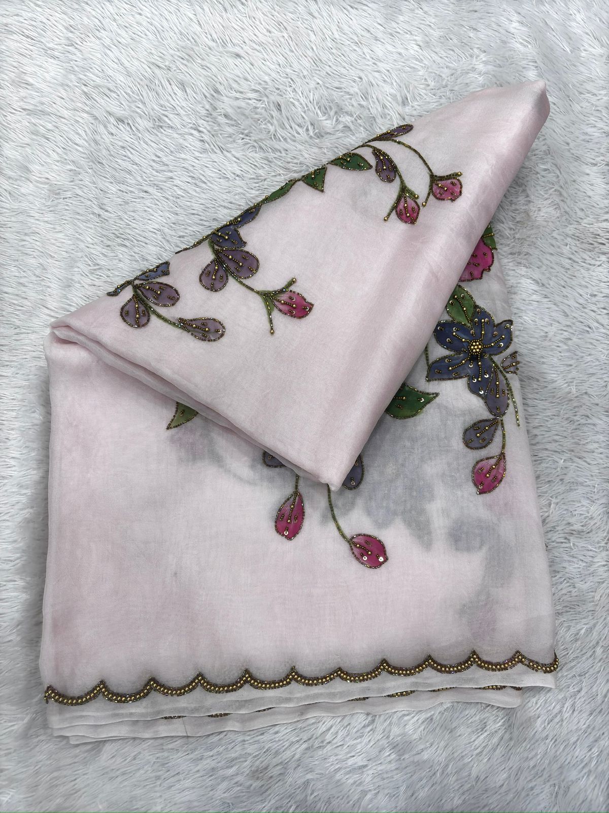 Blush Pink Saree with Hand-Painted Wildflower Vines and Scalloped Zardosi Border