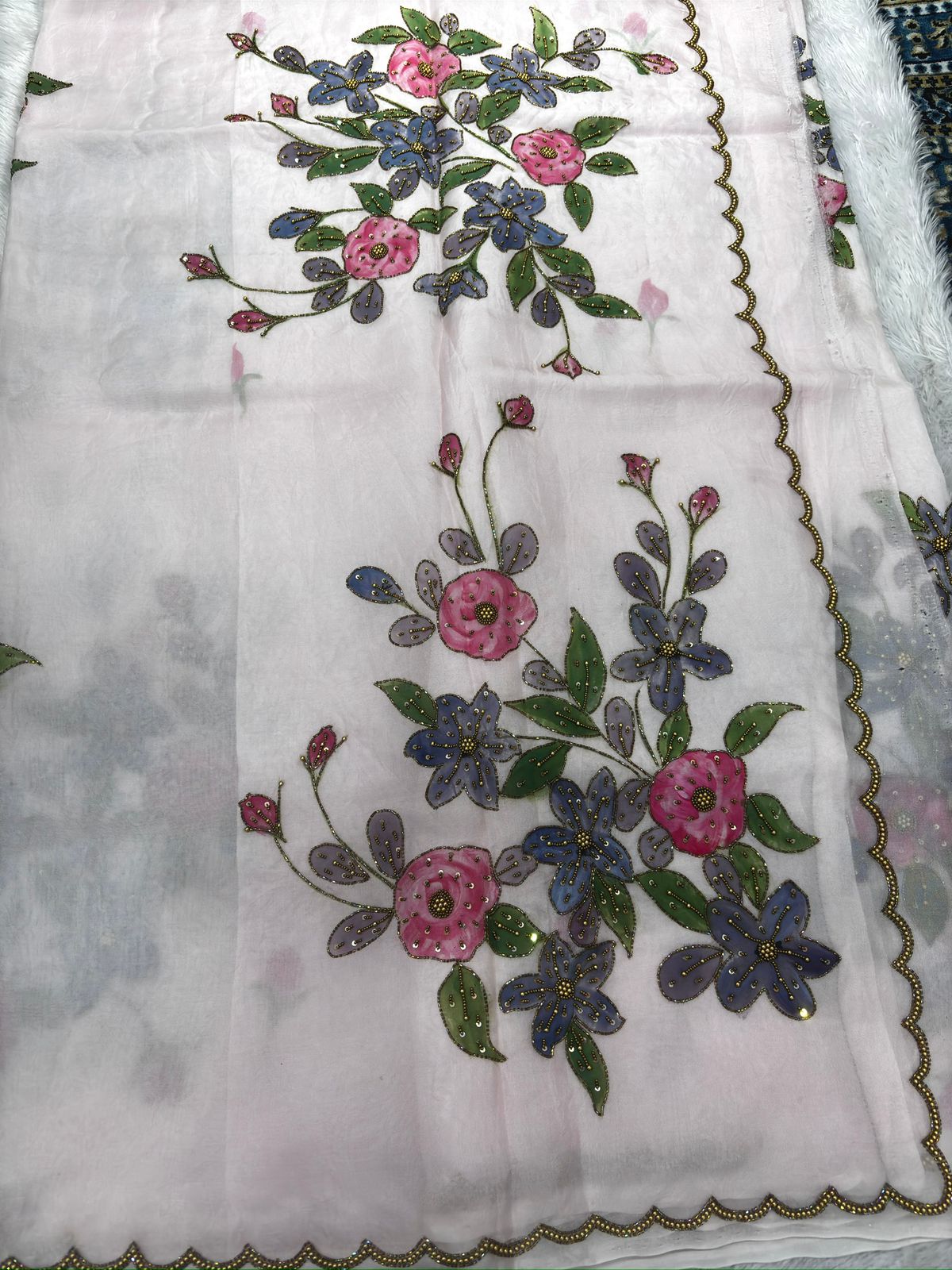 Blush Pink Saree with Hand-Painted Wildflower Vines and Scalloped Zardosi Border