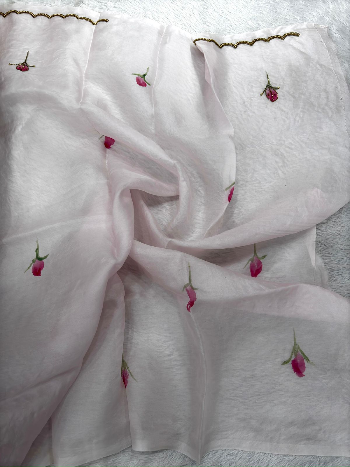 Blush Pink Saree with Hand-Painted Wildflower Vines and Scalloped Zardosi Border