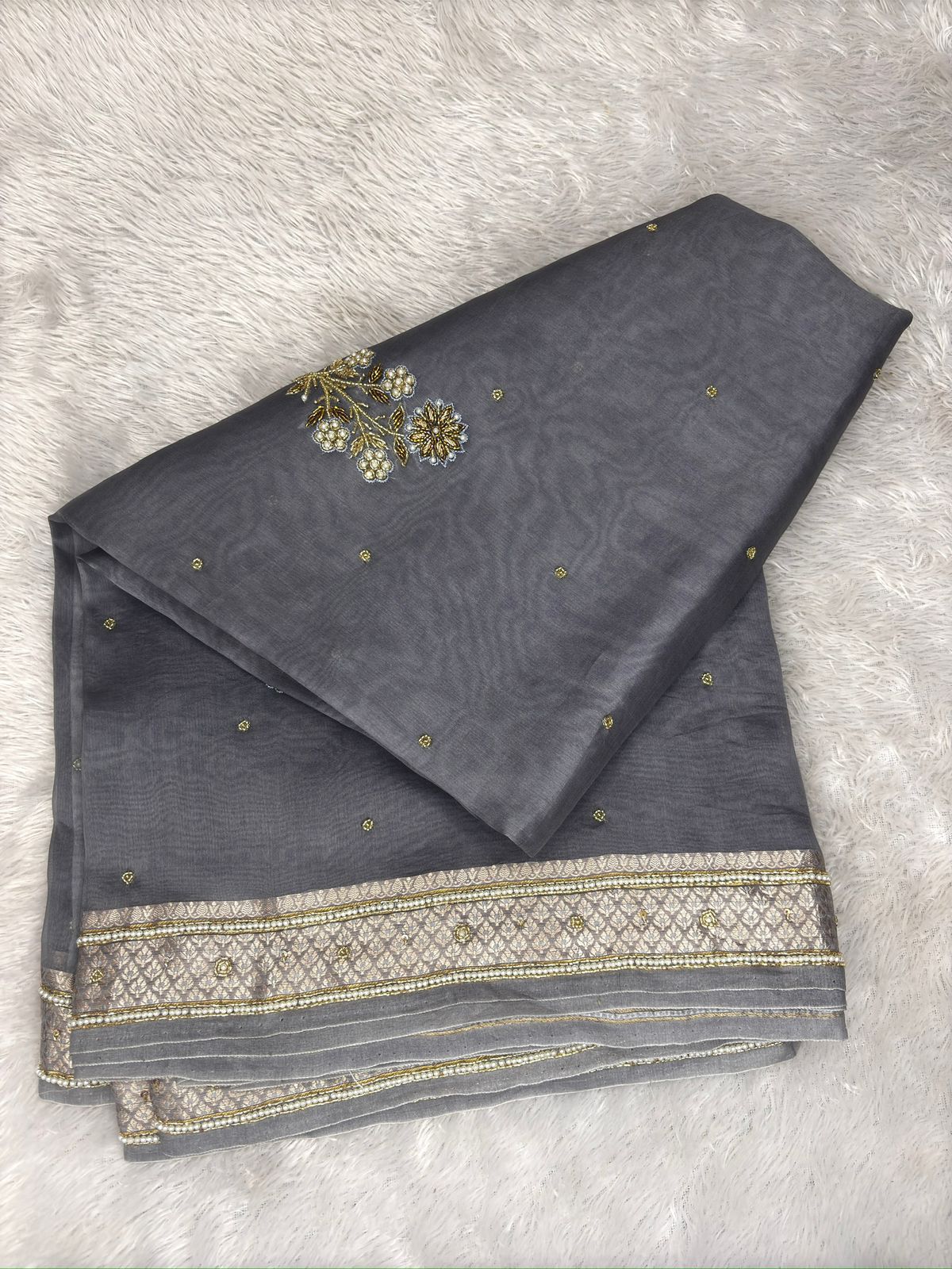 Charcoal Smoke Saree with Antique Silver Zari and Hand-Stitched Pearl Floral Bouquets