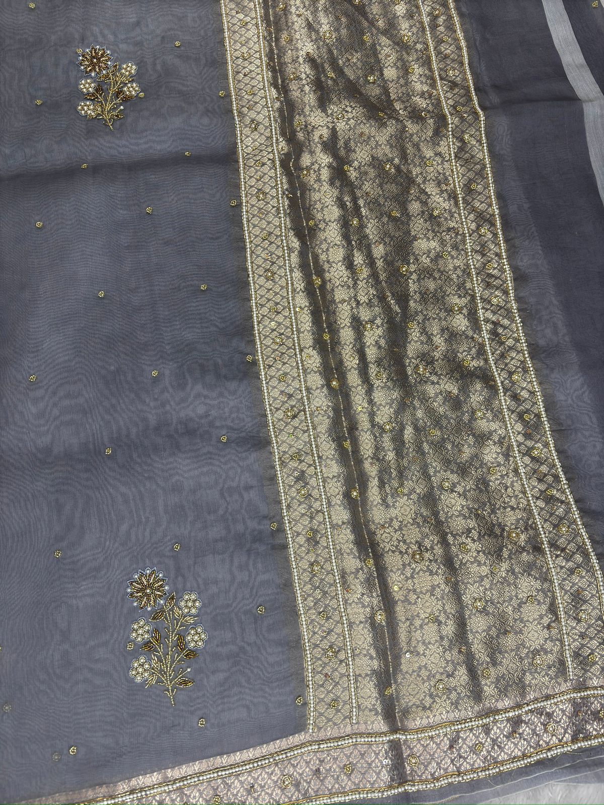 Charcoal Smoke Saree with Antique Silver Zari and Hand-Stitched Pearl Floral Bouquets