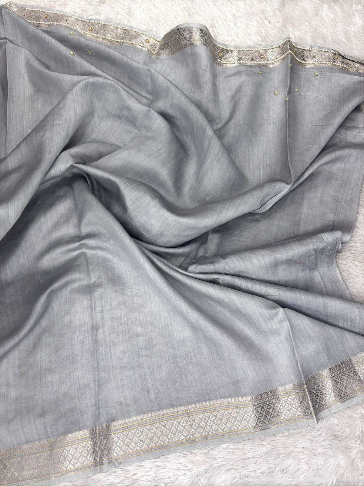 Charcoal Smoke Saree with Antique Silver Zari and Hand-Stitched Pearl Floral Bouquets