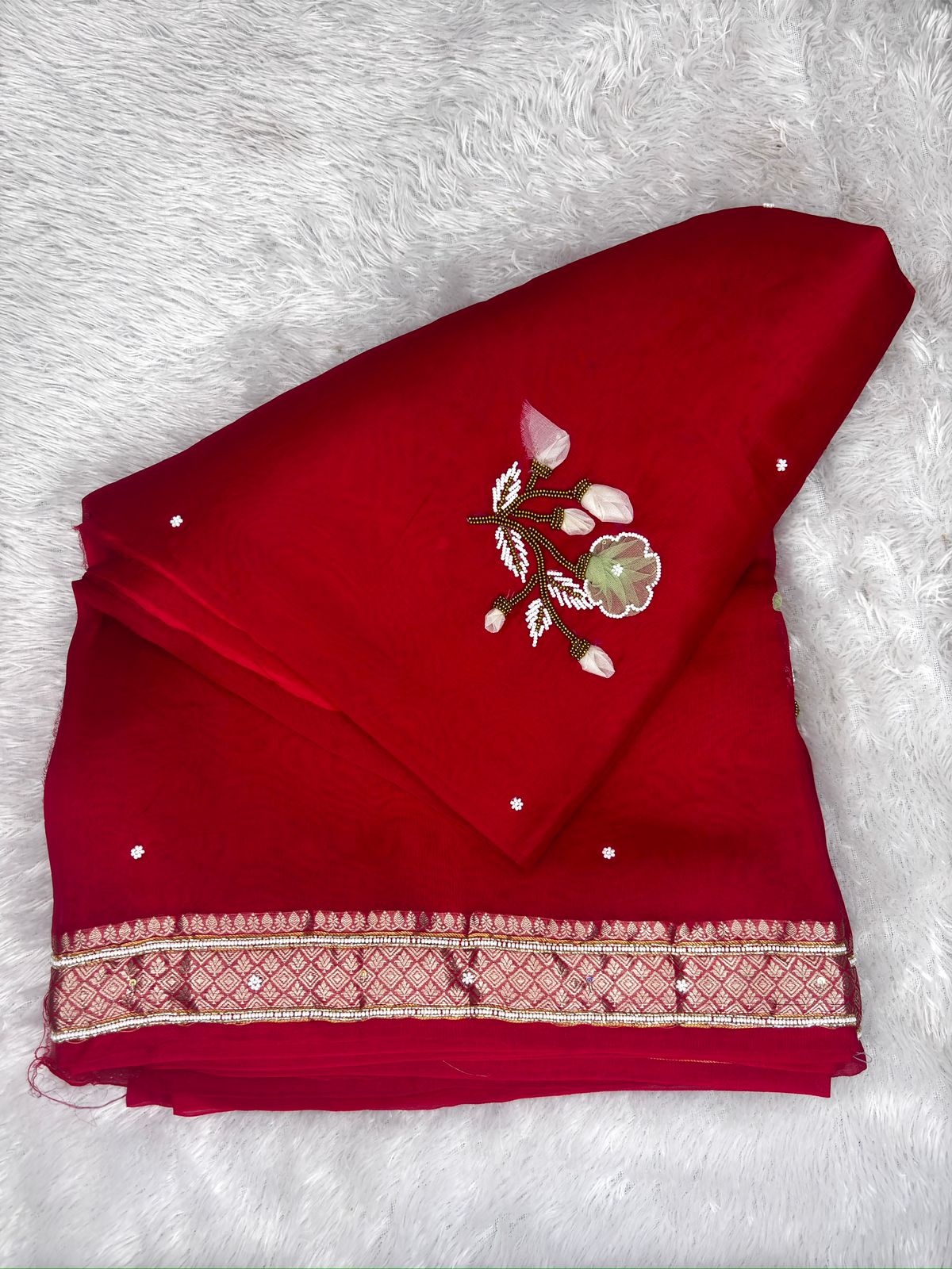 Scarlet Red Saree with Antique Gold Zari and Pearl-Work Floral Vines