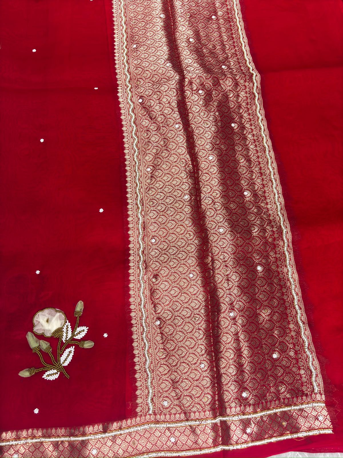 Scarlet Red Saree with Antique Gold Zari and Pearl-Work Floral Vines