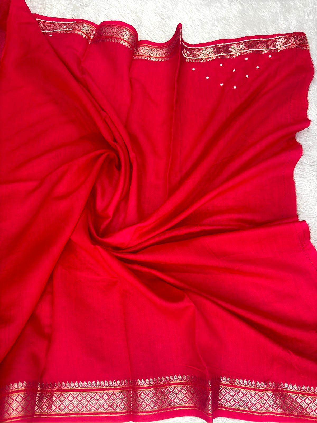 Scarlet Red Saree with Antique Gold Zari and Pearl-Work Floral Vines