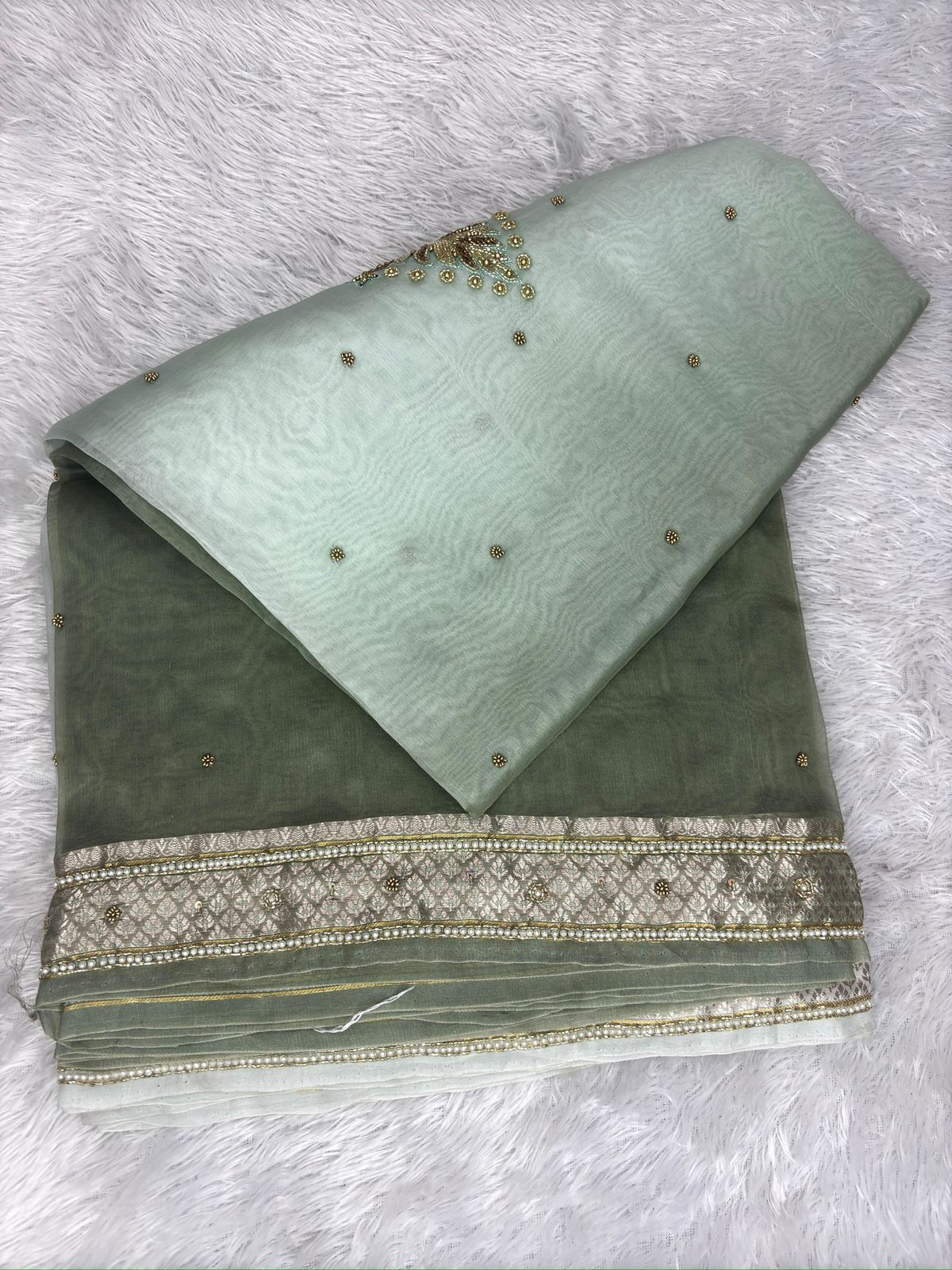 Sage Mist Dual Shade Saree with Antique Silver Zari and Pearl-Encrusted Floral Medallions