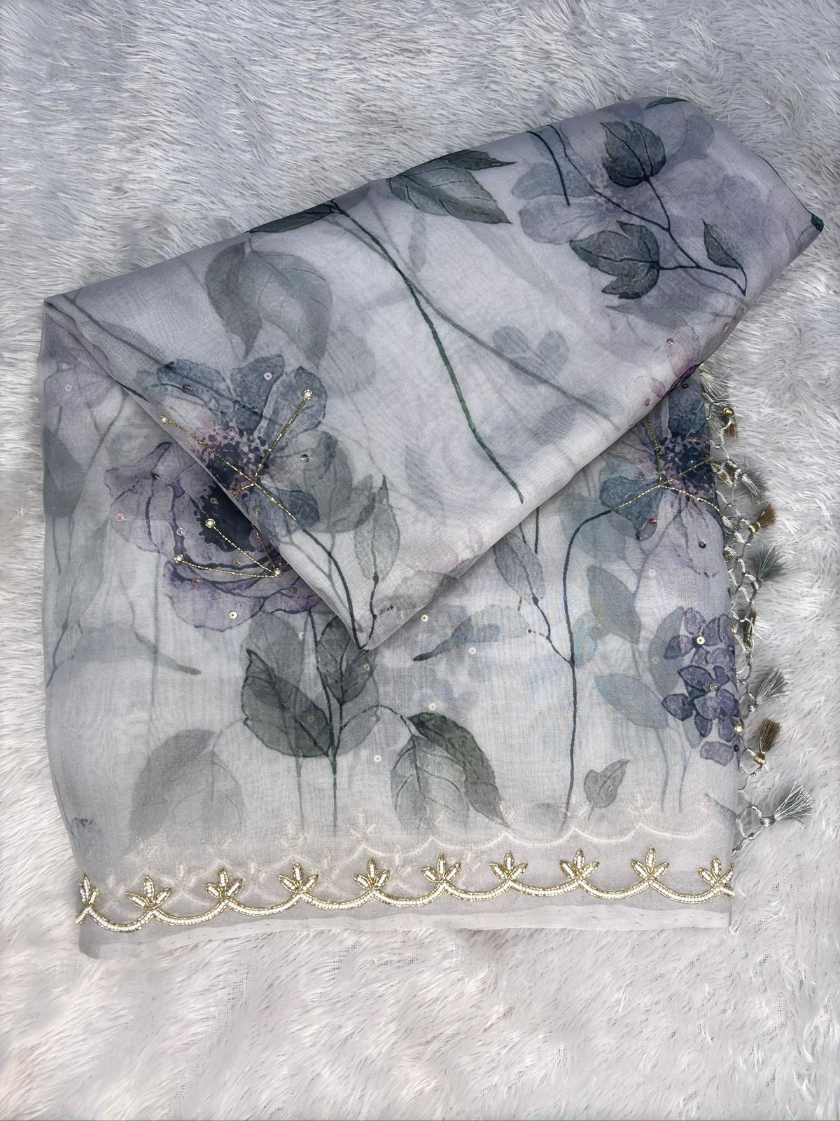 Twilight Flora: Hand-Embellished Saree in Dusty Lilac & Slate