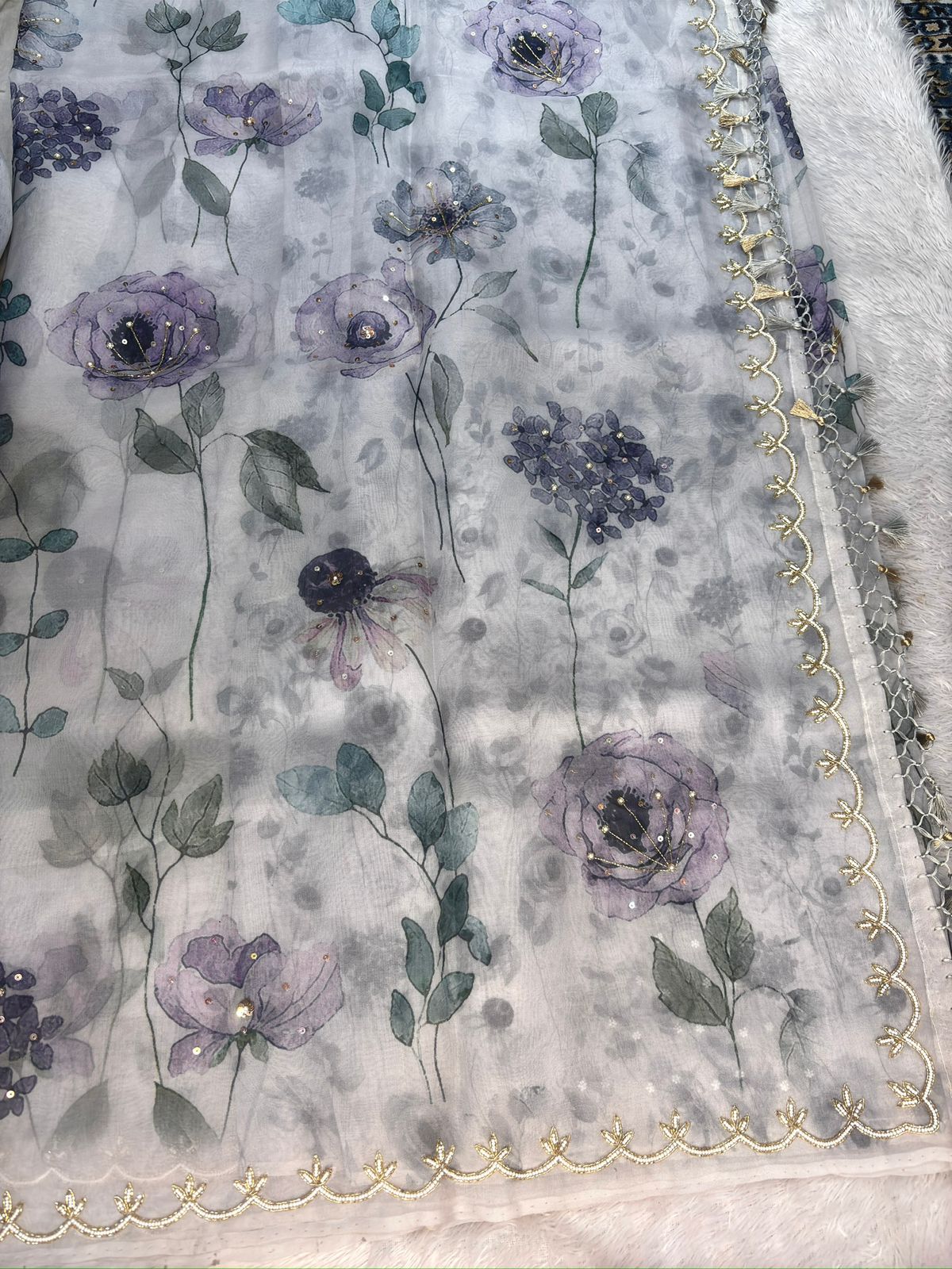 Twilight Flora: Hand-Embellished Saree in Dusty Lilac & Slate