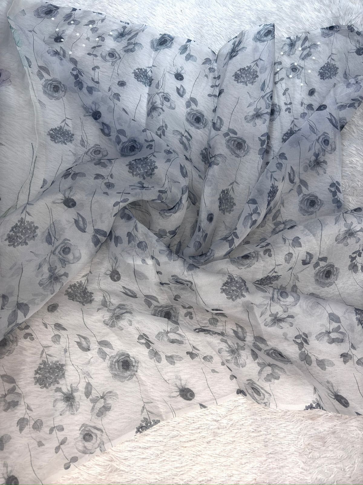 Twilight Flora: Hand-Embellished Saree in Dusty Lilac & Slate