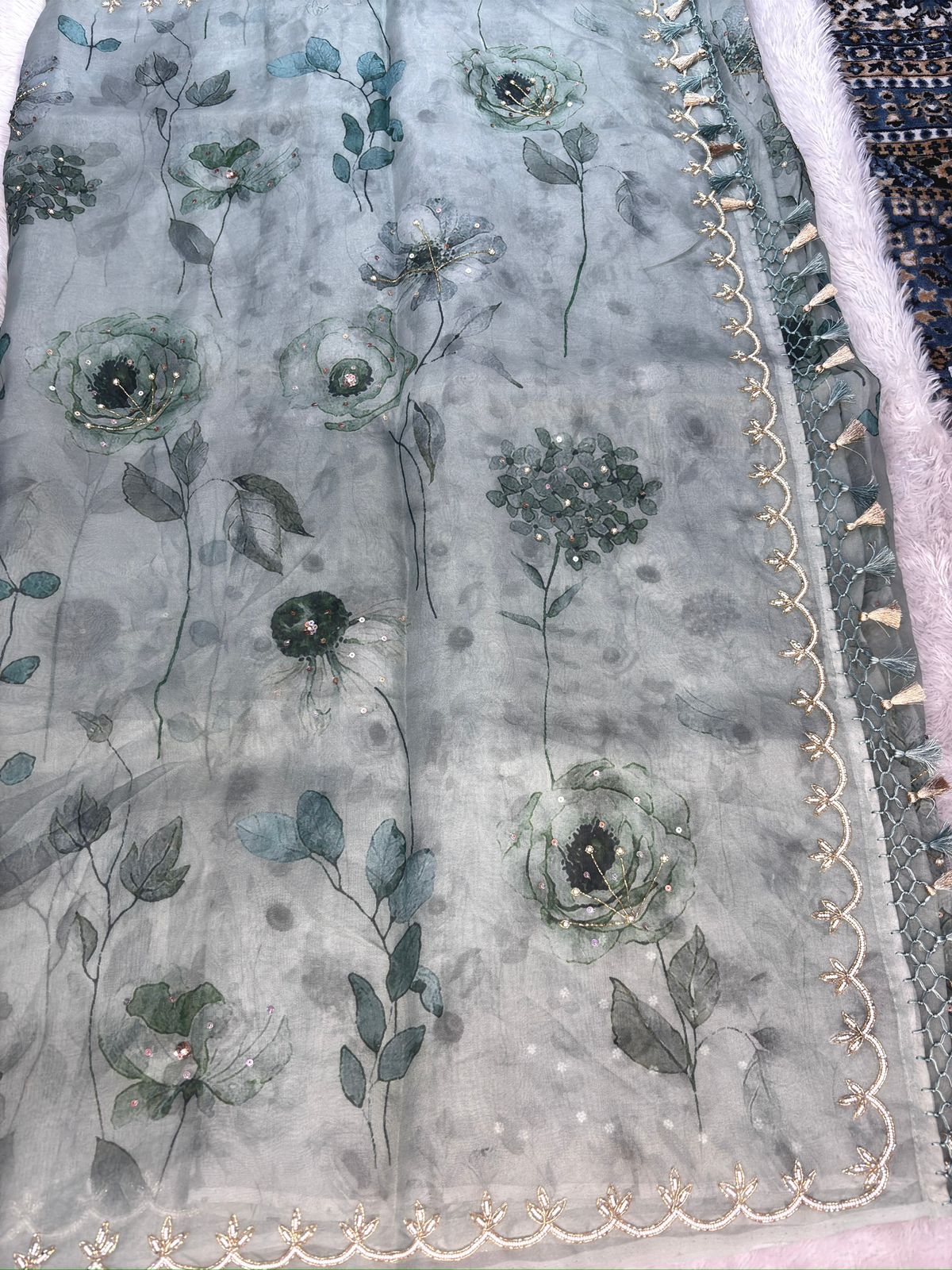 Sage Garden Elegance: Handloom Saree with Botanical Prints & Hand-Embellished Zari Scallops
