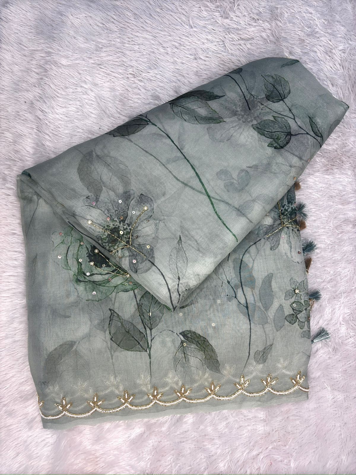 Sage Garden Elegance: Handloom Saree with Botanical Prints & Hand-Embellished Zari Scallops