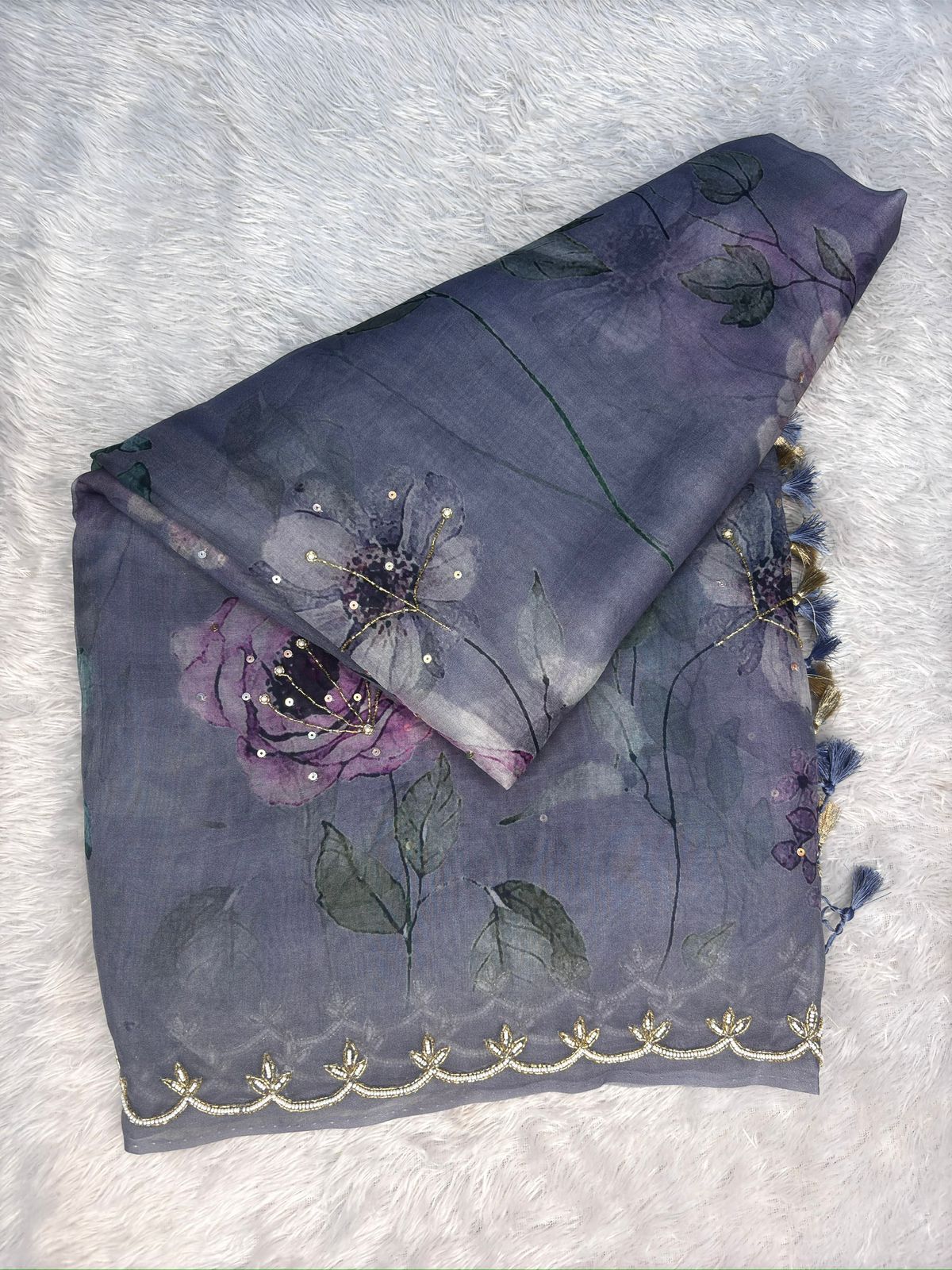 Slate Grey Handloom Saree with Orchid Florals & Hand-Finished Scalloped Border