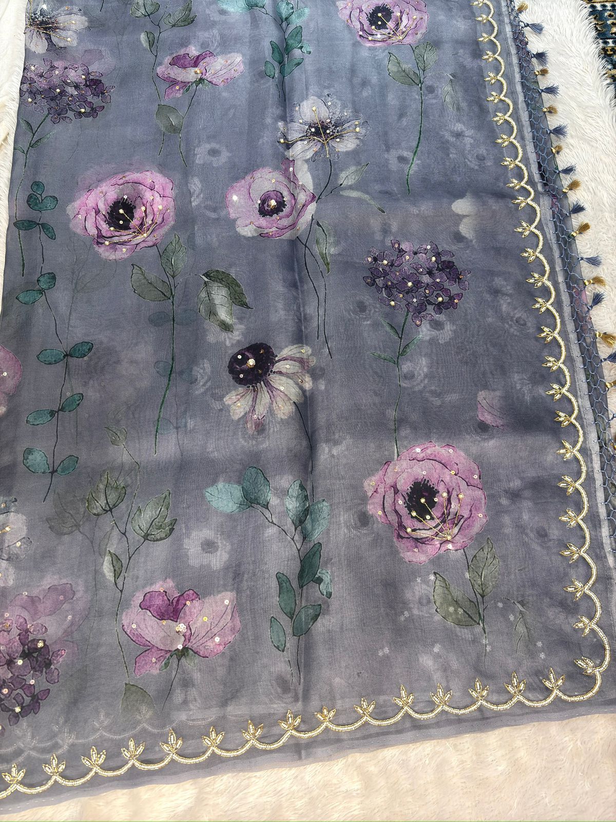Slate Grey Handloom Saree with Orchid Florals & Hand-Finished Scalloped Border