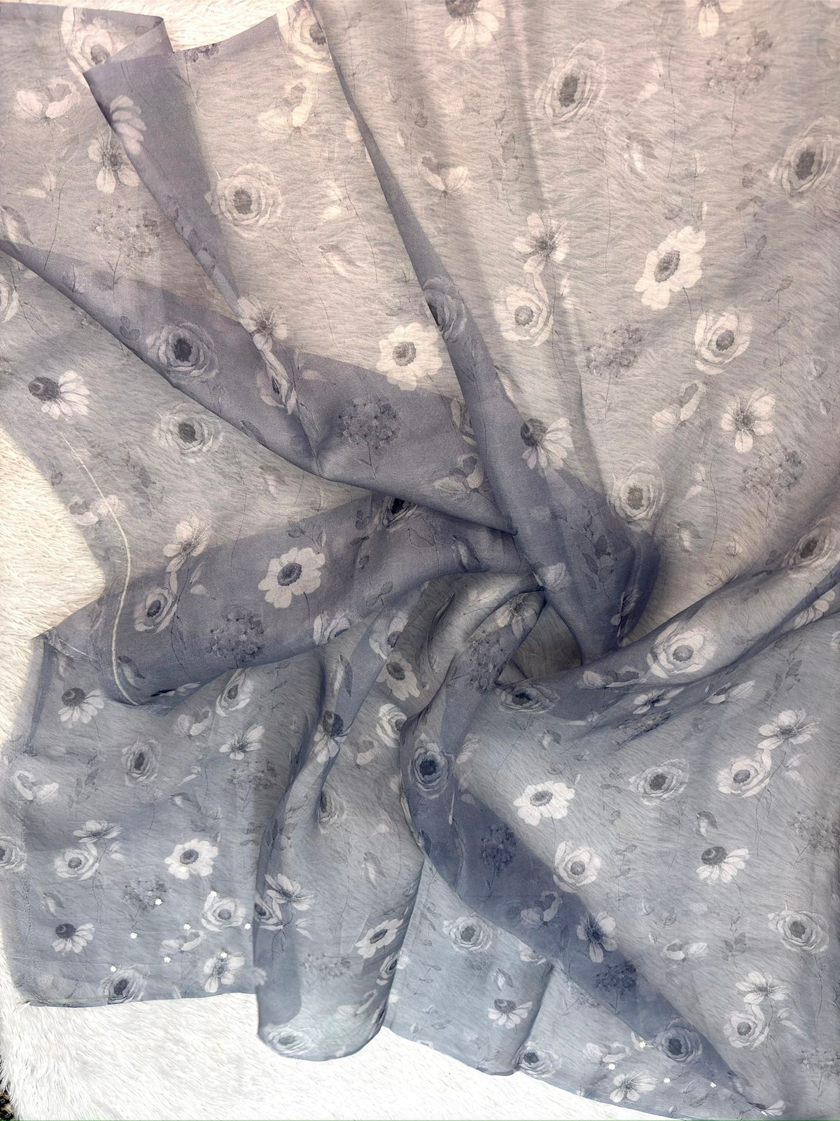 Slate Grey Handloom Saree with Orchid Florals & Hand-Finished Scalloped Border