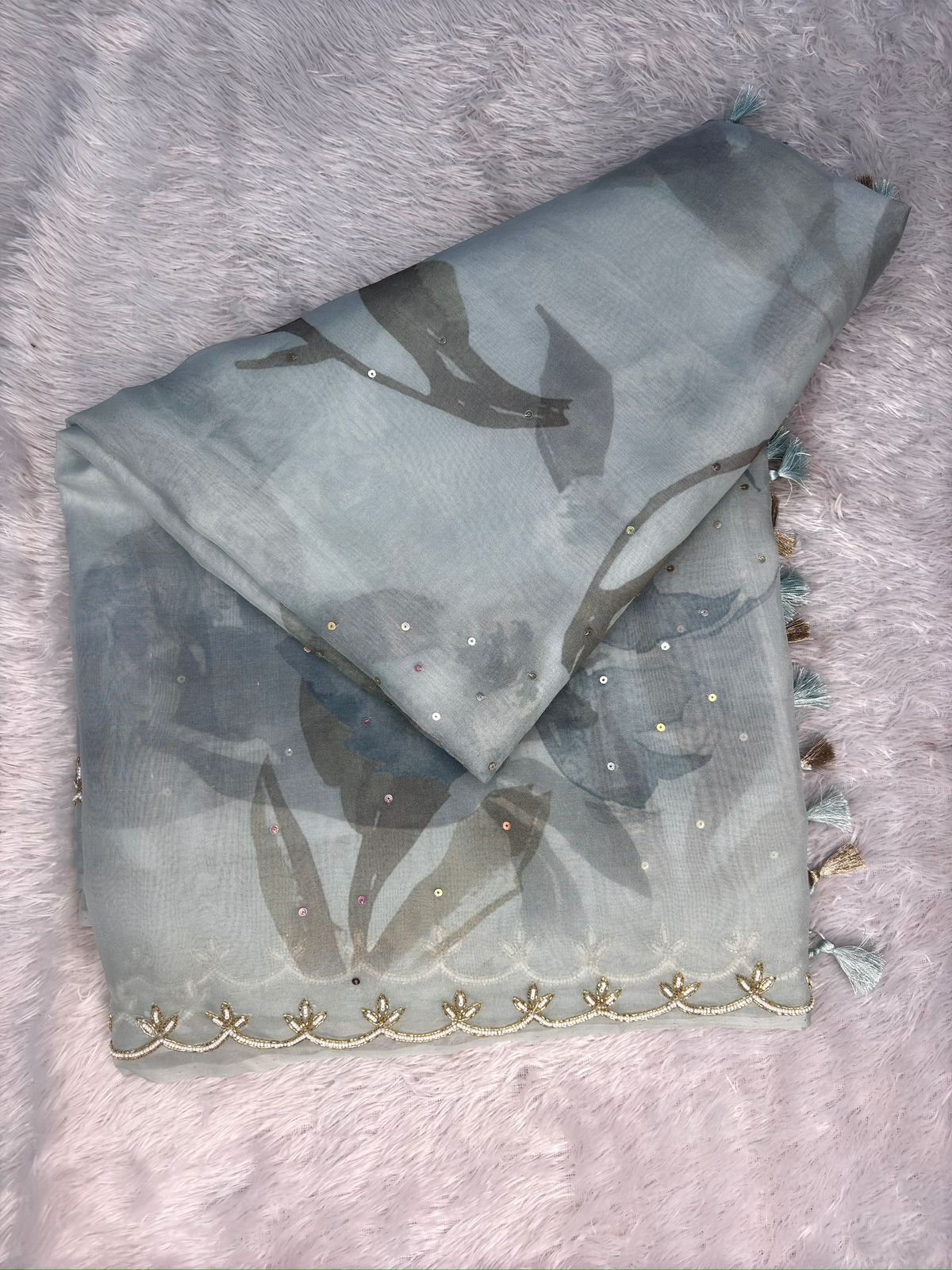 Powder Blue Saree with Smoky Floral Prints & Zari Scalloped Detailing