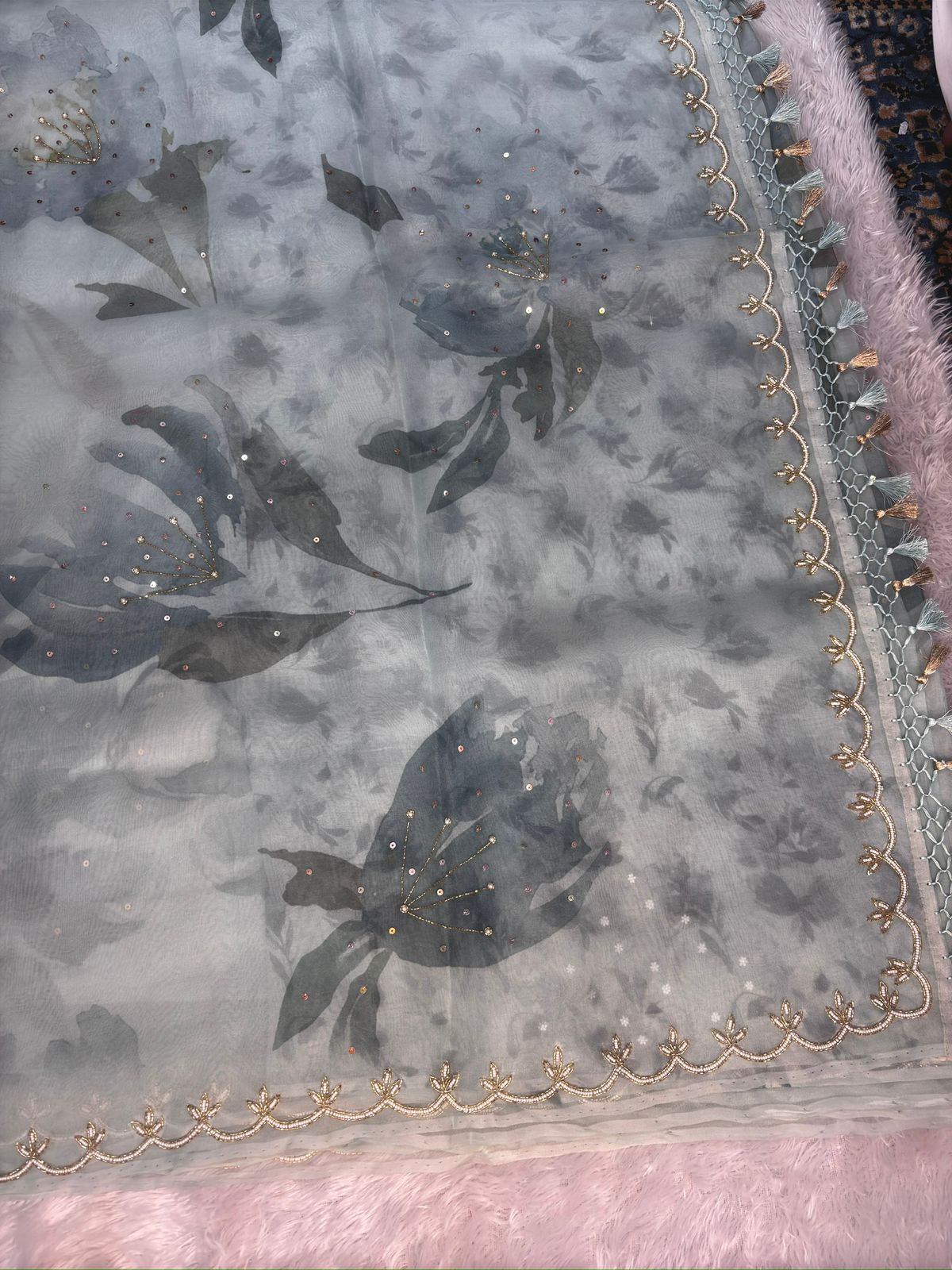 Powder Blue Saree with Smoky Floral Prints & Zari Scalloped Detailing