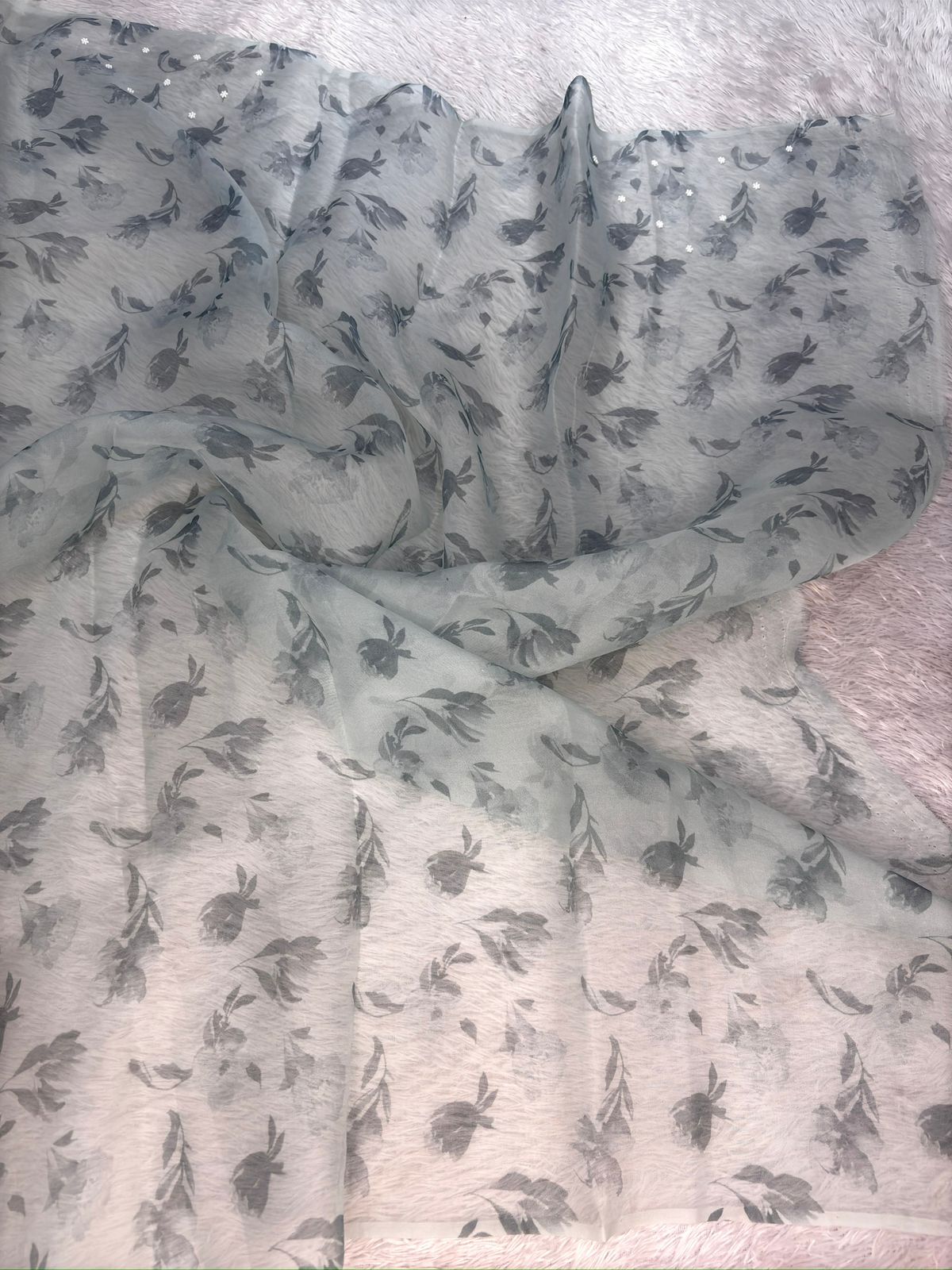 Powder Blue Saree with Smoky Floral Prints & Zari Scalloped Detailing