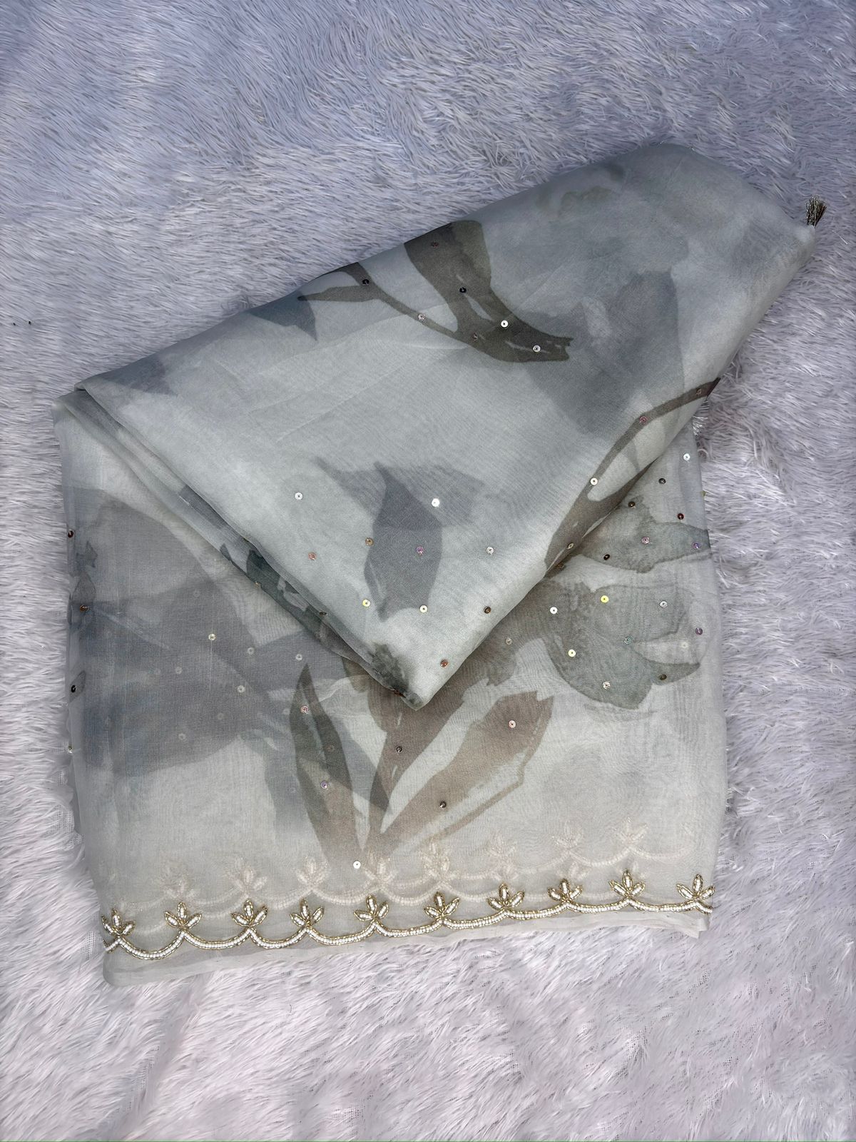 Silver Smoke: Handloom Saree in Mist Grey with Graphite Floral Art & Scalloped Zari Border
