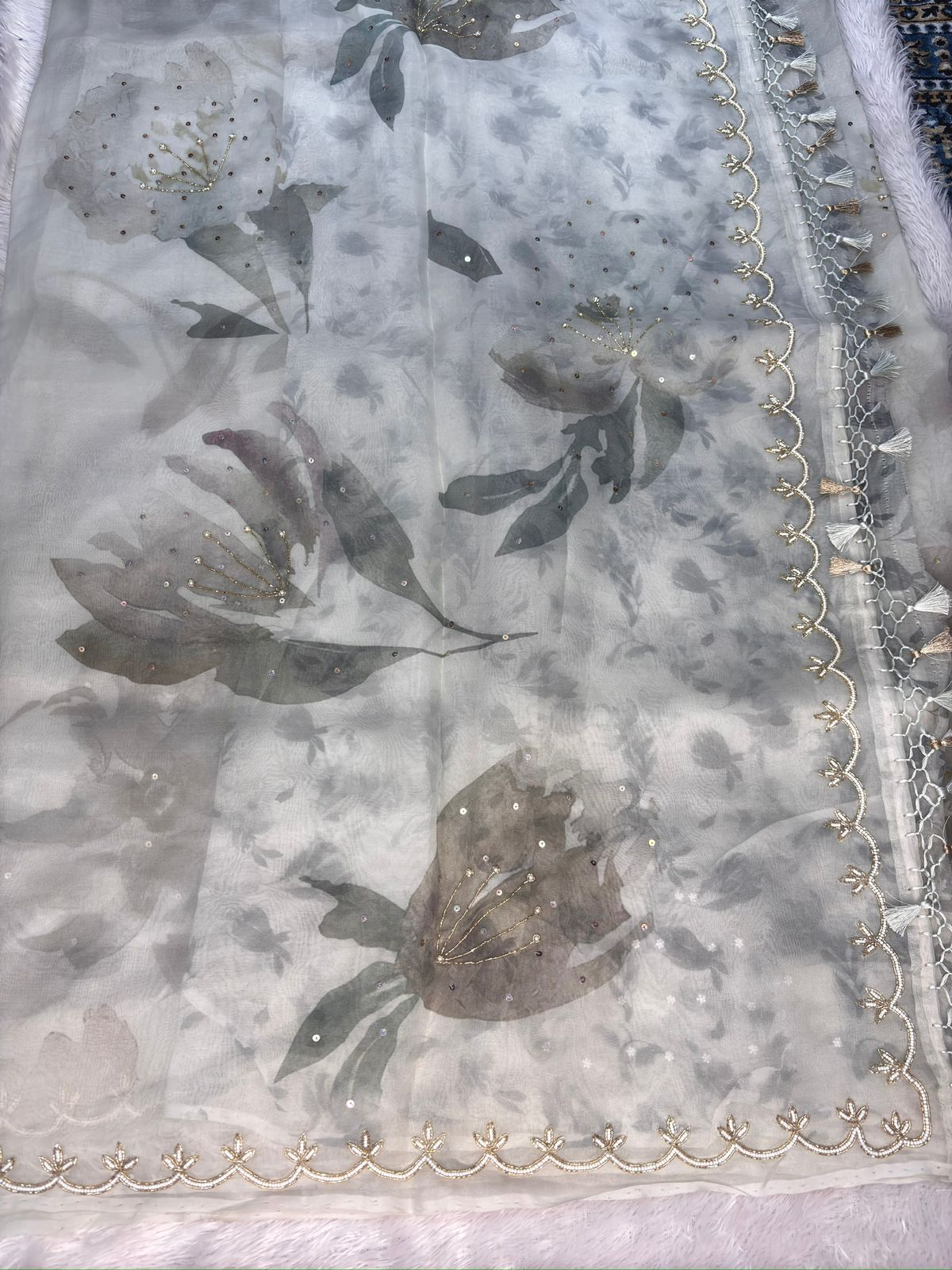 Silver Smoke: Handloom Saree in Mist Grey with Graphite Floral Art & Scalloped Zari Border