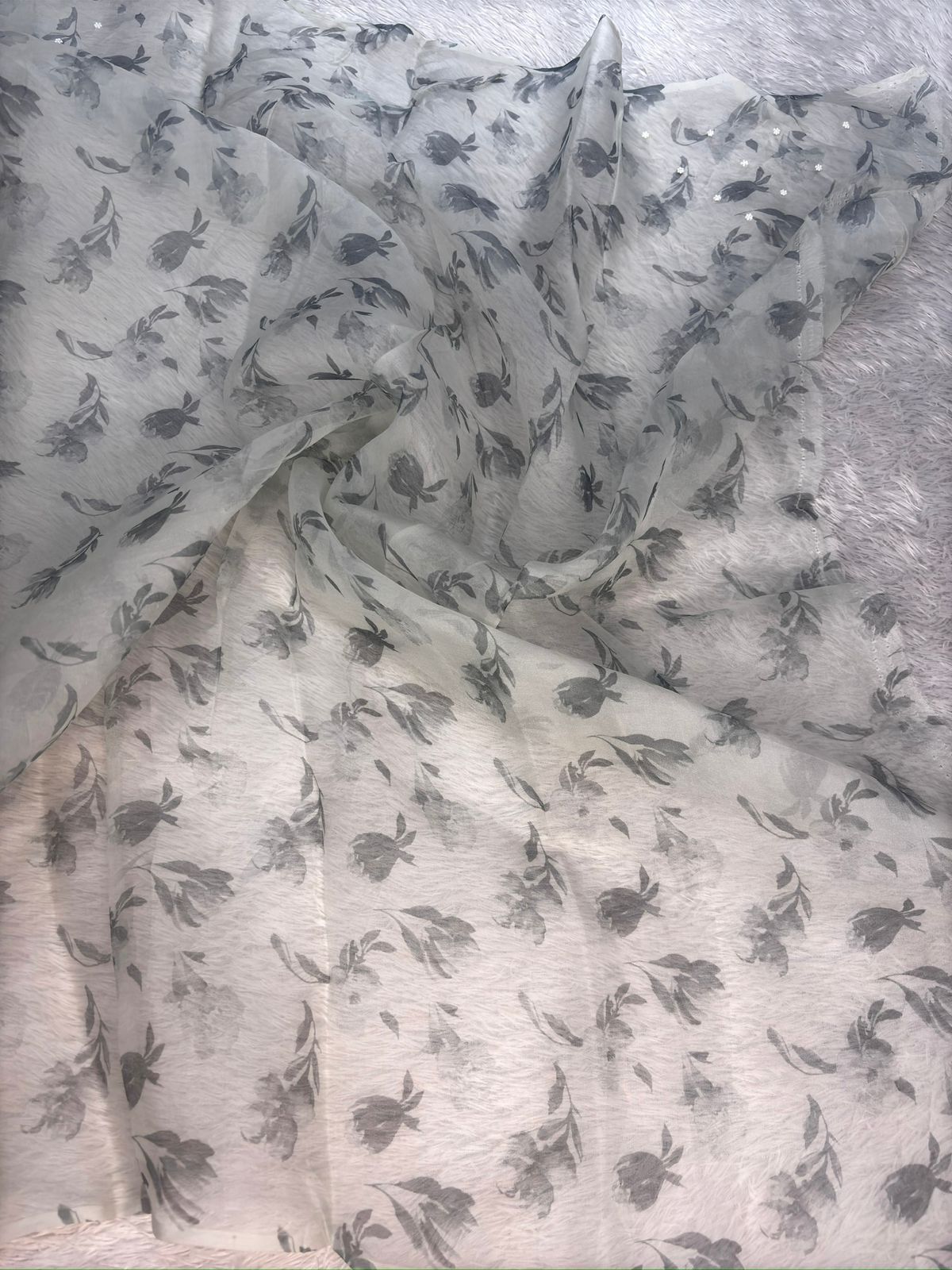 Silver Smoke: Handloom Saree in Mist Grey with Graphite Floral Art & Scalloped Zari Border