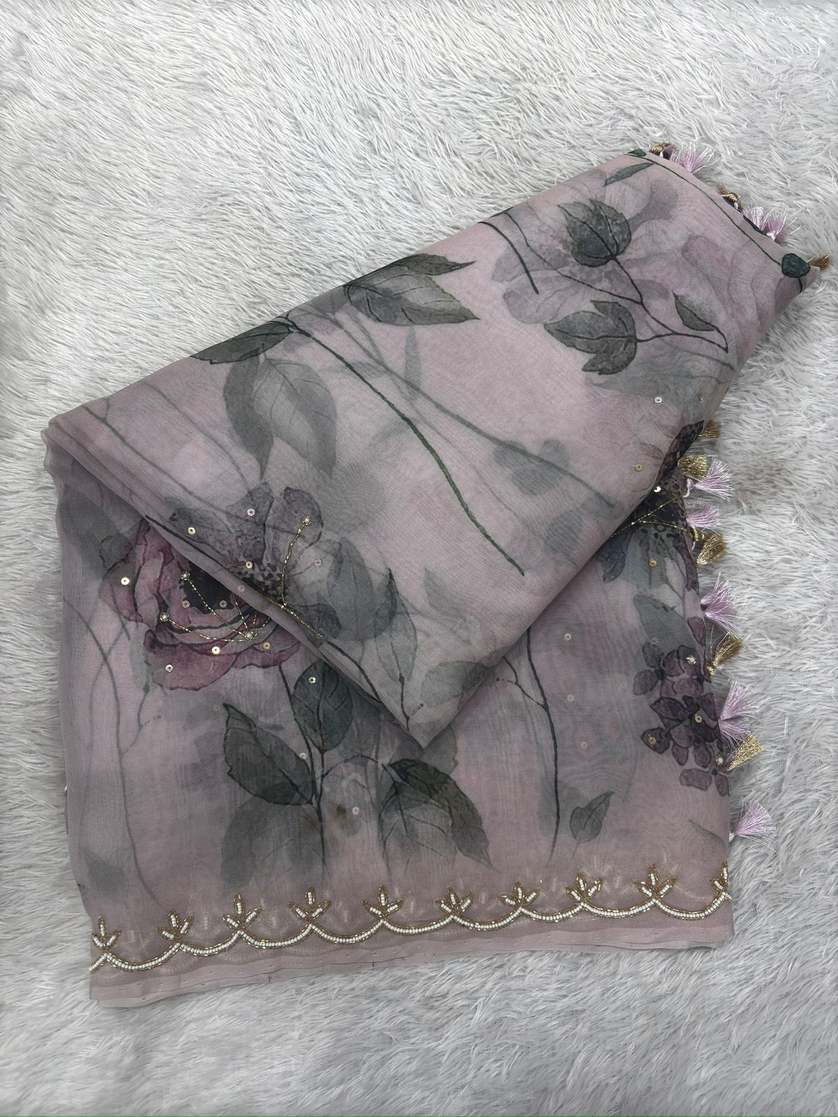 Antique Rose: Handloom Saree in Dusty Pink with Botanical Prints & Hand-Embellished Scalloped Border
