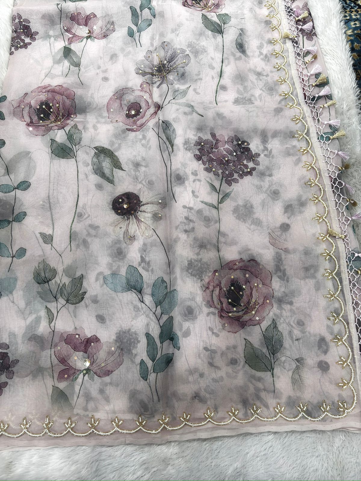Antique Rose: Handloom Saree in Dusty Pink with Botanical Prints & Hand-Embellished Scalloped Border