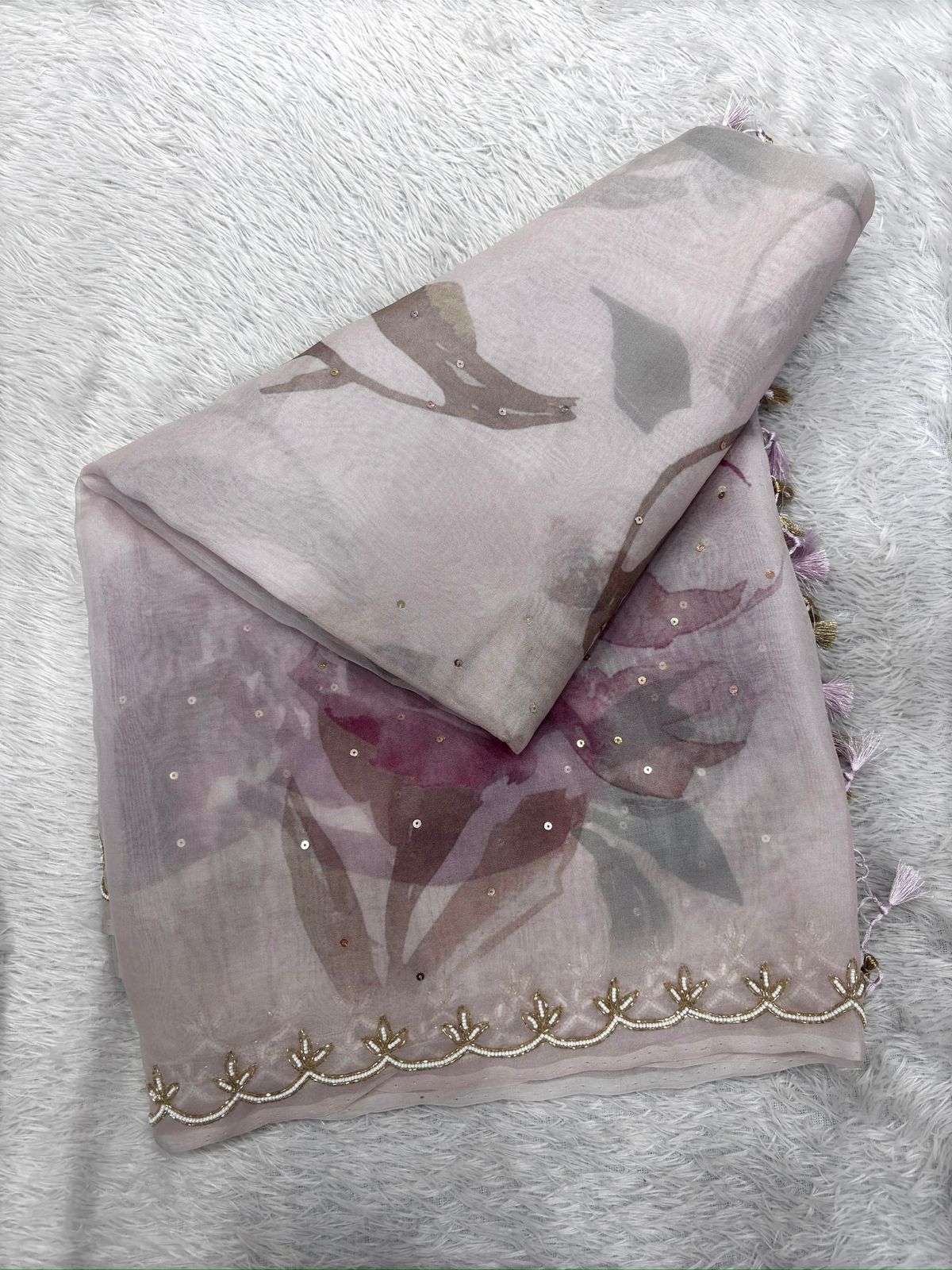 Blossom Mist: Handloom Saree in Petal Pink with Watercolor Floral Art & Zari Scalloped Border