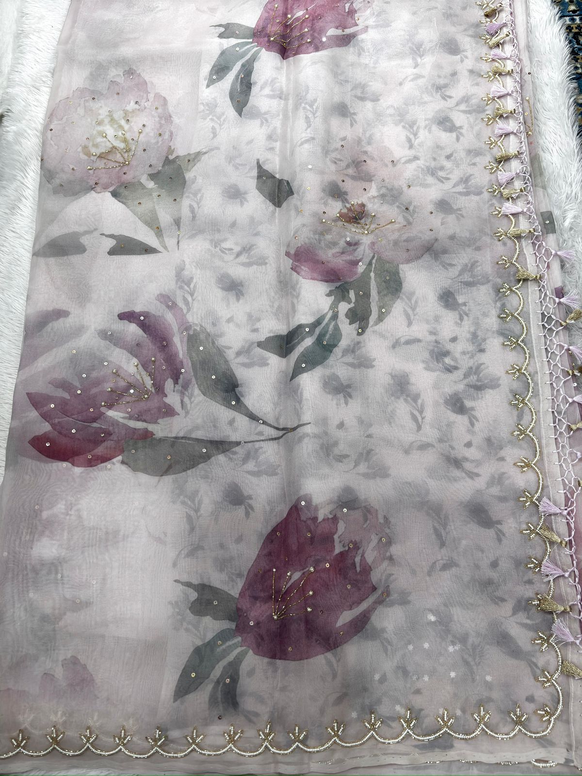 Blossom Mist: Handloom Saree in Petal Pink with Watercolor Floral Art & Zari Scalloped Border