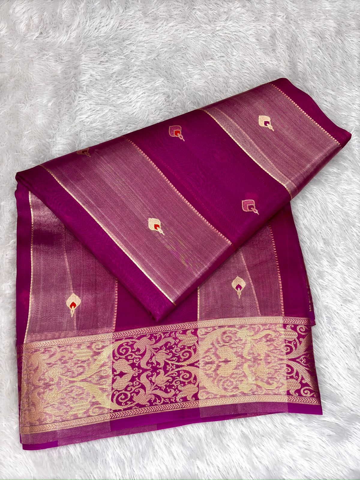 Regal Amethyst Magenta Kora Silk Handloom Saree with Zari Stripes & Meenakari Pallu