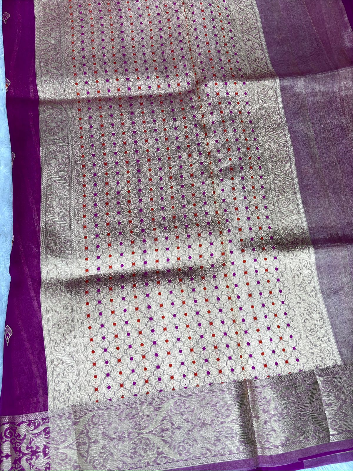 Regal Amethyst Magenta Kora Silk Handloom Saree with Zari Stripes & Meenakari Pallu