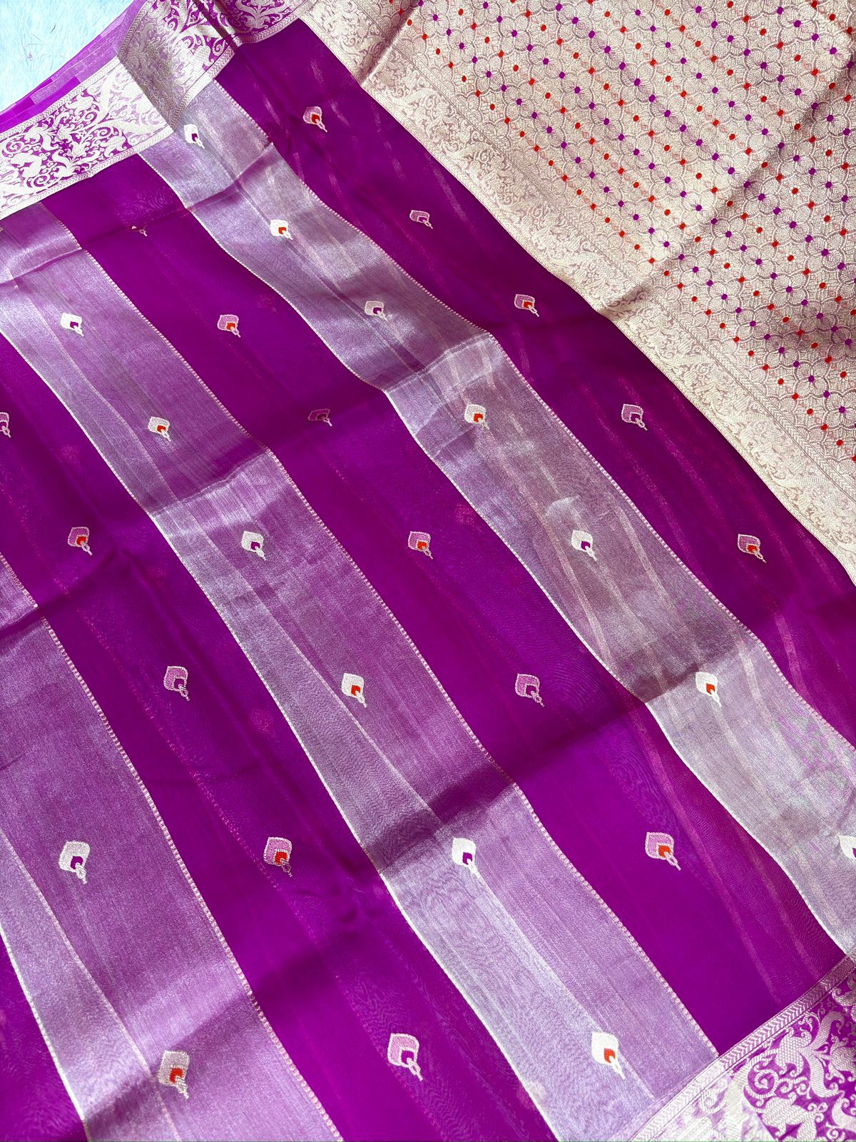 Regal Amethyst Magenta Kora Silk Handloom Saree with Zari Stripes & Meenakari Pallu