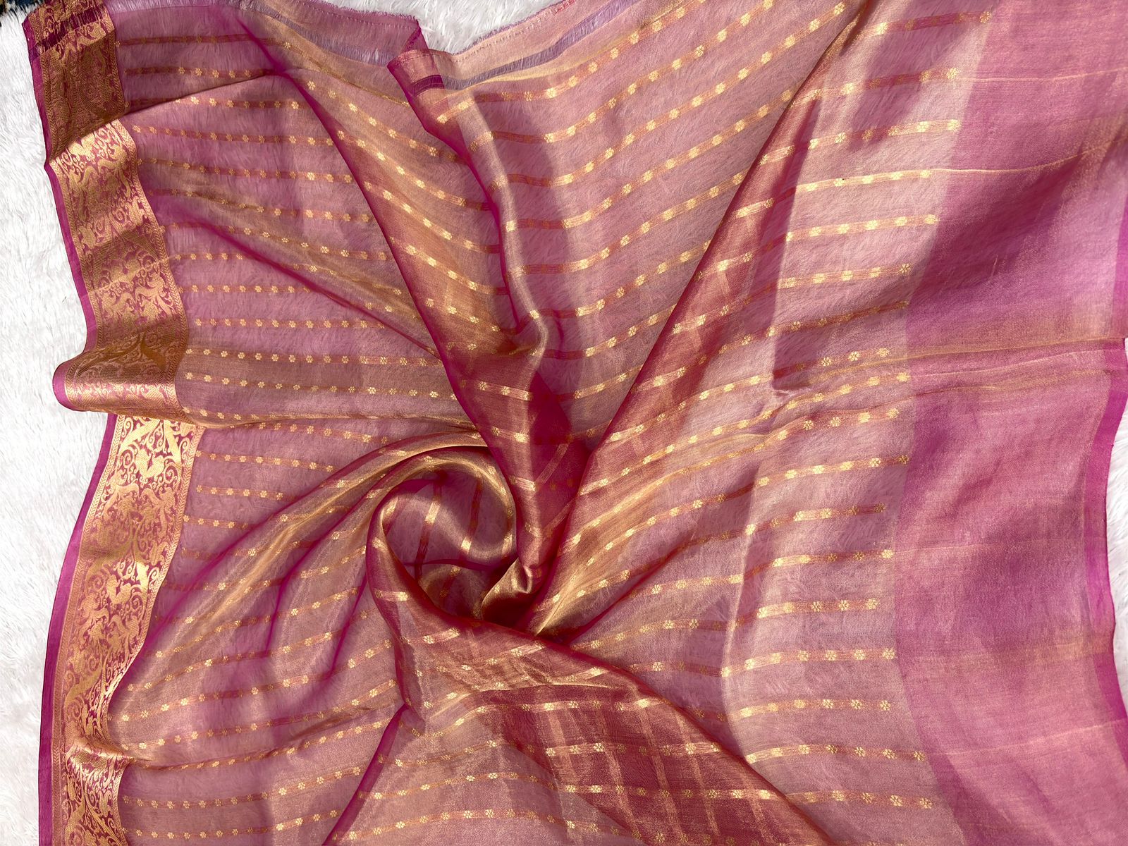 Regal Amethyst Magenta Kora Silk Handloom Saree with Zari Stripes & Meenakari Pallu