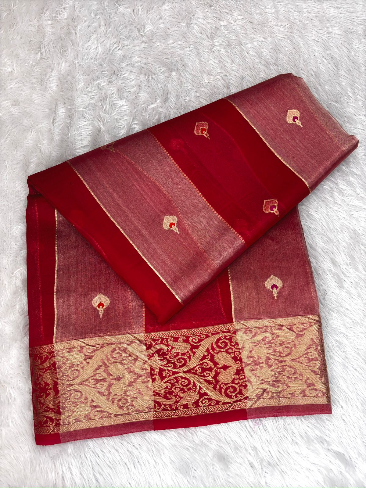 Royal Red Kora Designer Kadhua Handloom Banarasi Saree with Antique Silver Zari Jaal