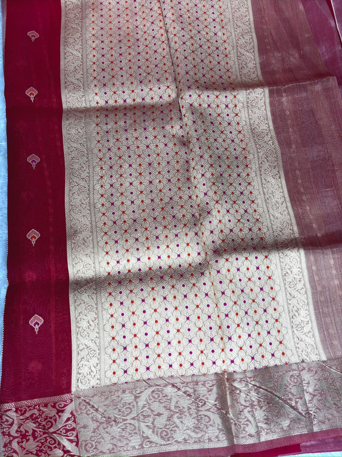 Royal Red Kora Designer Kadhua Handloom Banarasi Saree with Antique Silver Zari Jaal