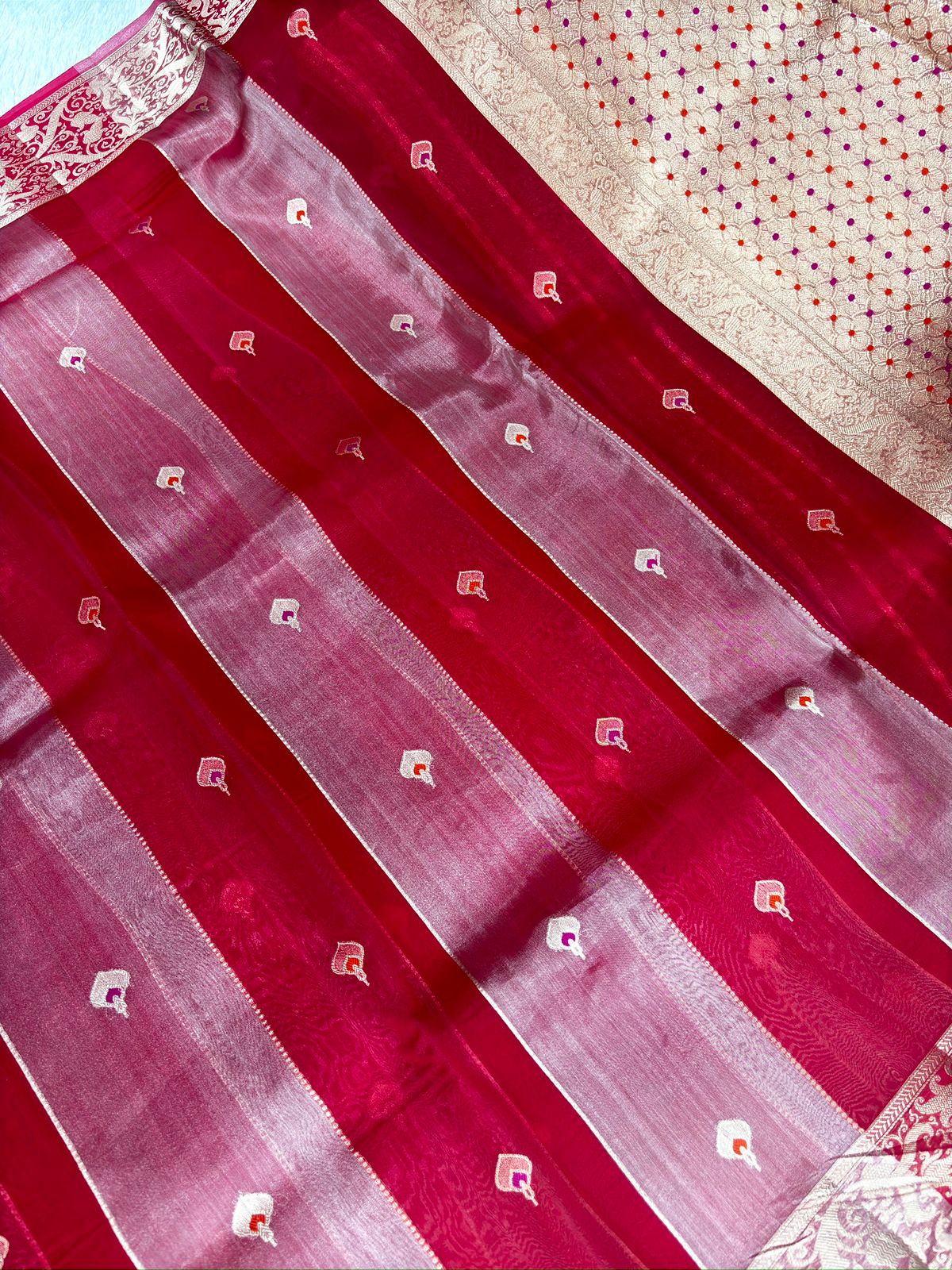 Royal Red Kora Designer Kadhua Handloom Banarasi Saree with Antique Silver Zari Jaal