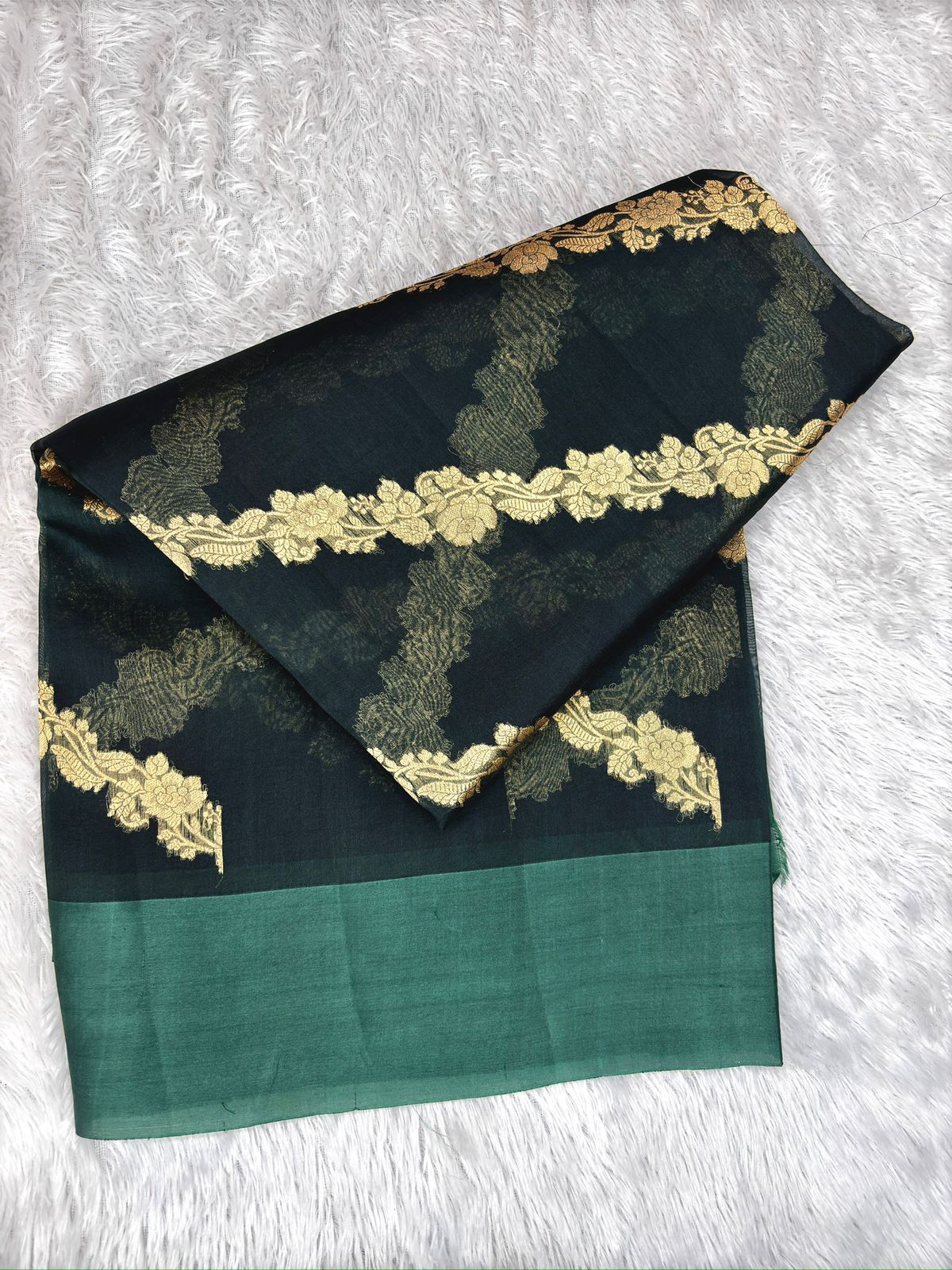 Midnight Teal Kora Designer Kadhua Handloom Banarasi Saree with Antique Silver Zari Jaal